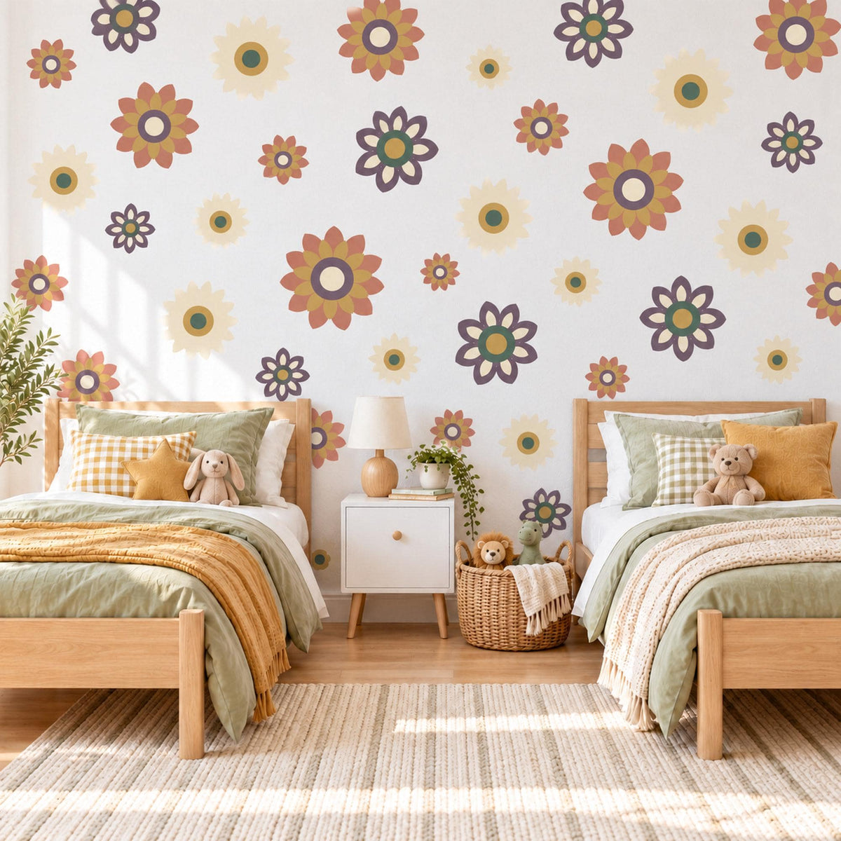 Retro Flower Wall Stickers, Terracotta Mustard Daisy Decor, Boho Sunburst Flower Wall Decals, Girls Nursery Plum Peel and Stick Wall Art