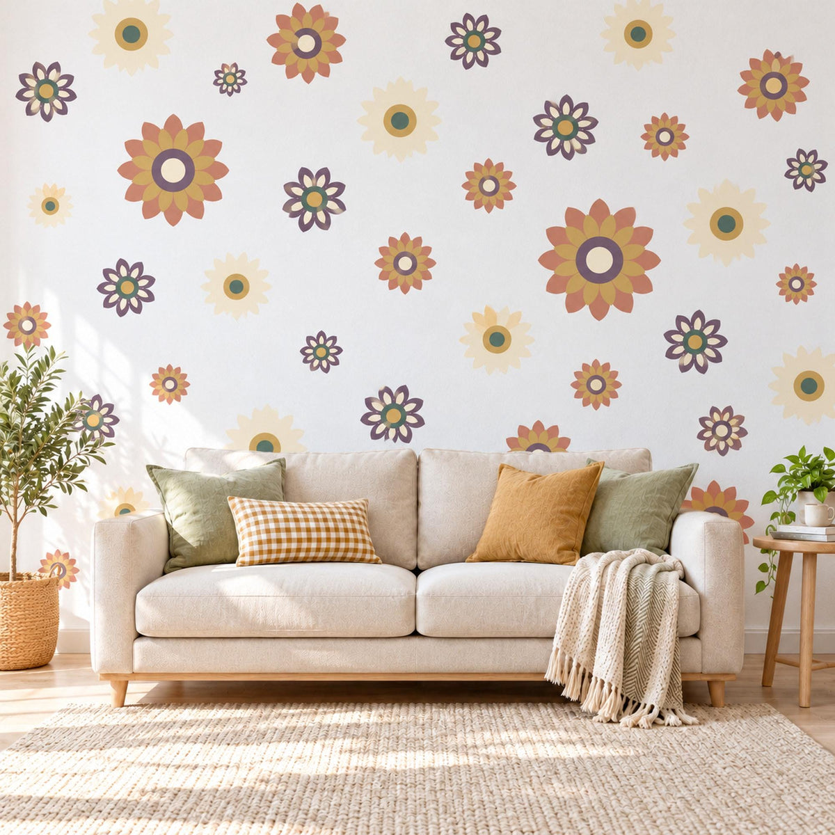 Retro Flower Wall Stickers, Terracotta Mustard Daisy Decor, Boho Sunburst Flower Wall Decals, Girls Nursery Plum Peel and Stick Wall Art