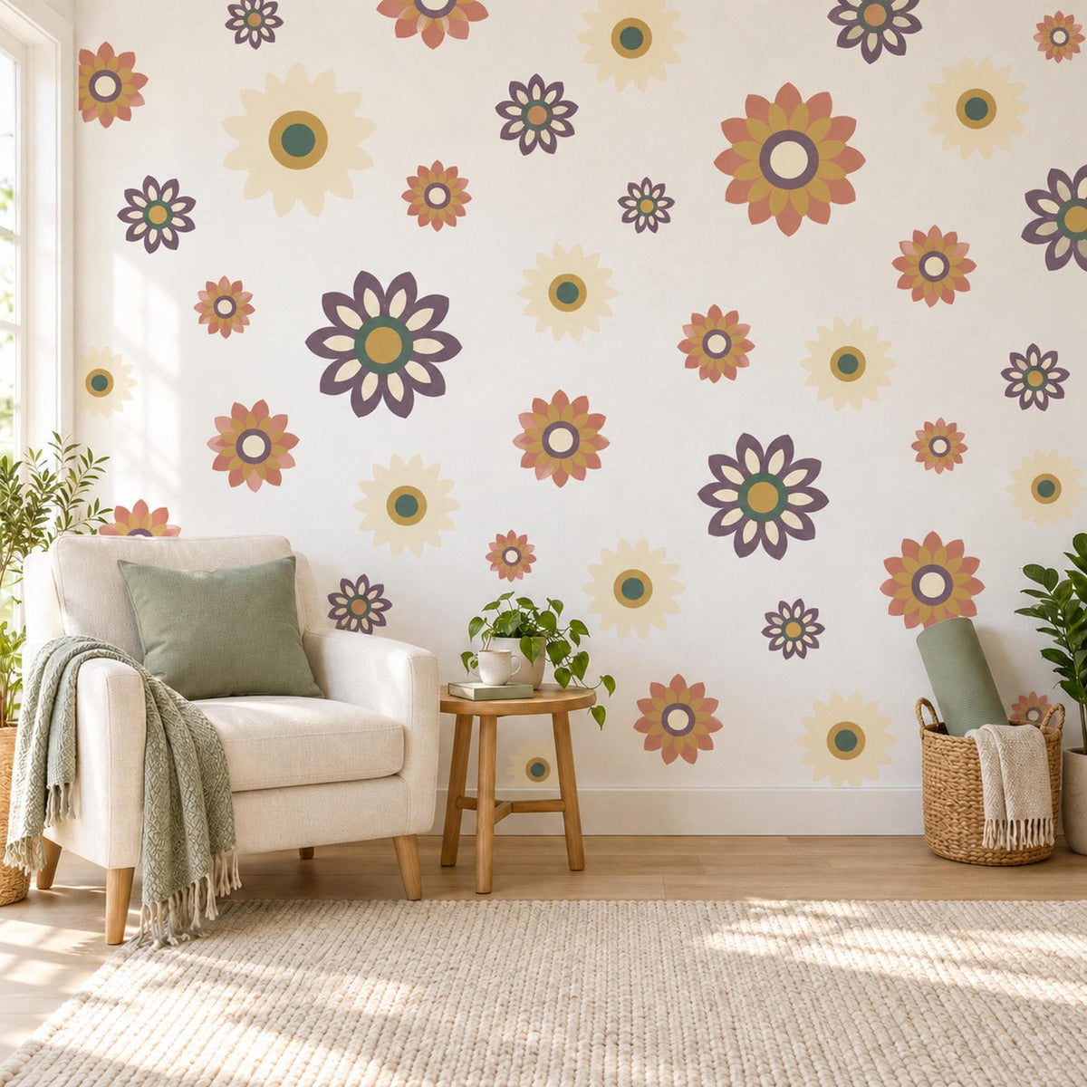 Retro Flower Wall Stickers, Terracotta Mustard Daisy Decor, Boho Sunburst Flower Wall Decals, Girls Nursery Plum Peel and Stick Wall Art
