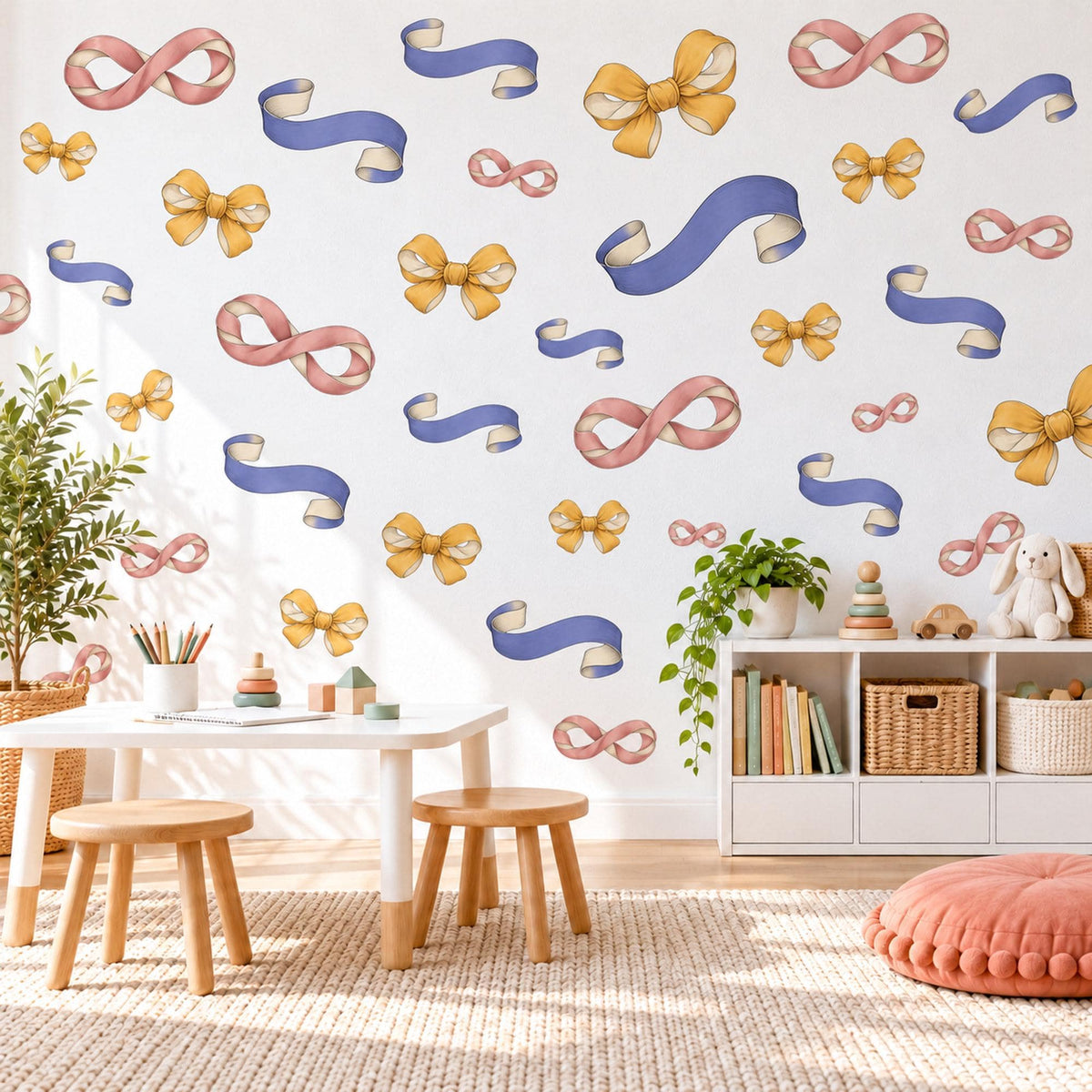 Ribbon Bow Wall Stickers, Periwinkle Pink Mustard Bow Decor, Vintage Ribbon Wall Decals, Girls Nursery Coquette Peel and Stick Wall Art
