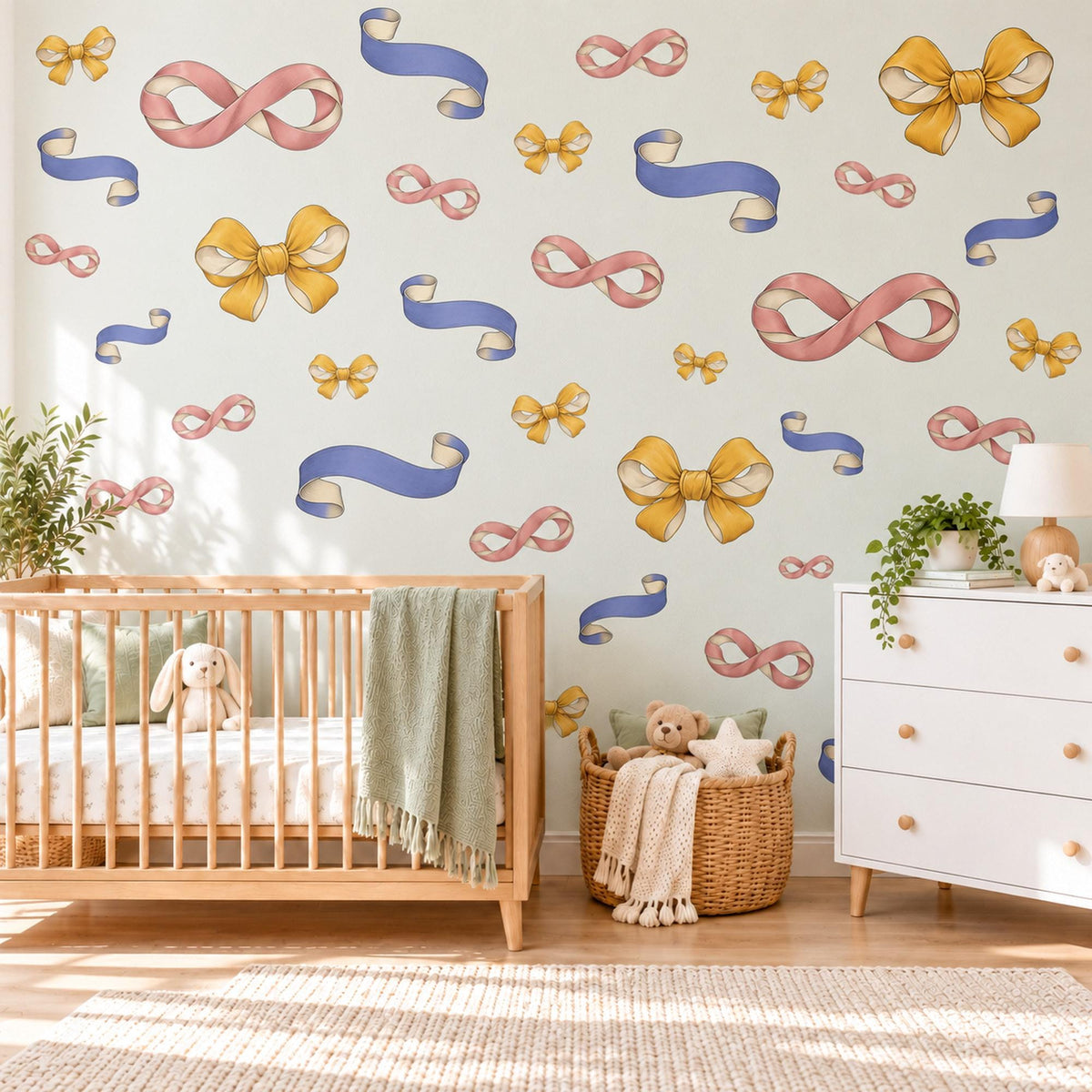 Ribbon Bow Wall Stickers, Periwinkle Pink Mustard Bow Decor, Vintage Ribbon Wall Decals, Girls Nursery Coquette Peel and Stick Wall Art