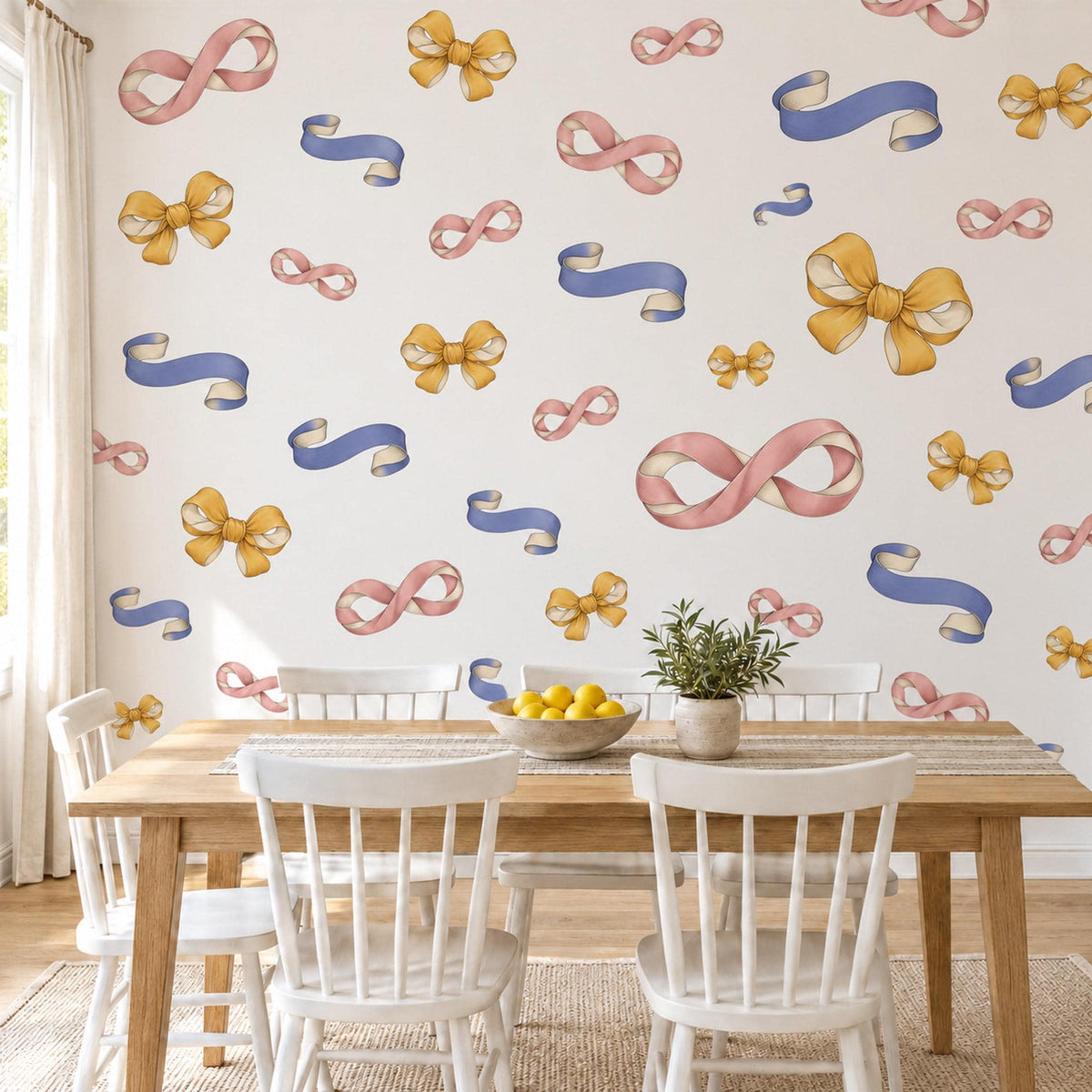 Ribbon Bow Wall Stickers, Periwinkle Pink Mustard Bow Decor, Vintage Ribbon Wall Decals, Girls Nursery Coquette Peel and Stick Wall Art