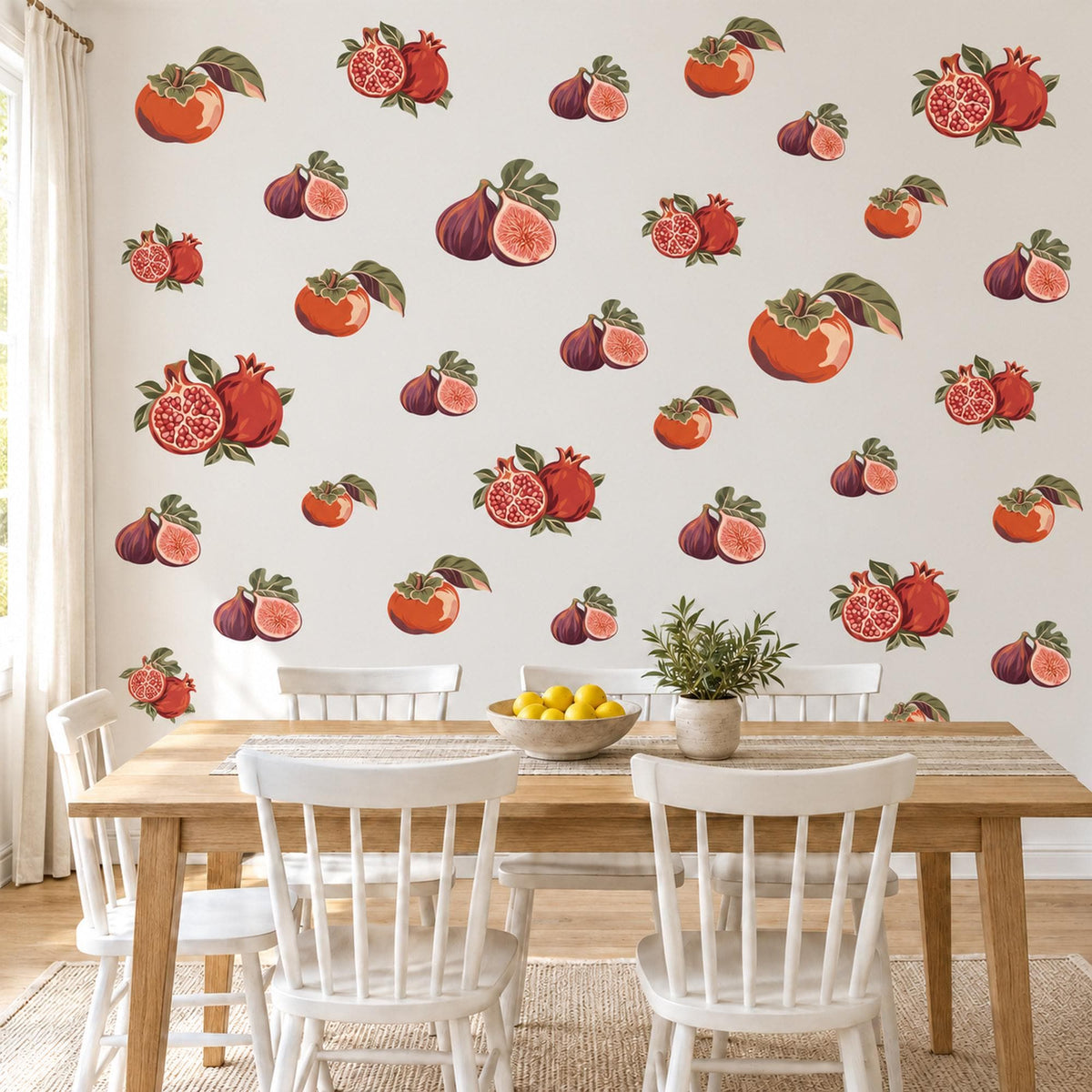 Fruit Wall Stickers, Fig Pomegranate Persimmon Kitchen Decor, Vintage Orchard Fruit Wall Decals, Burgundy Orange Peel and Stick Wall Art