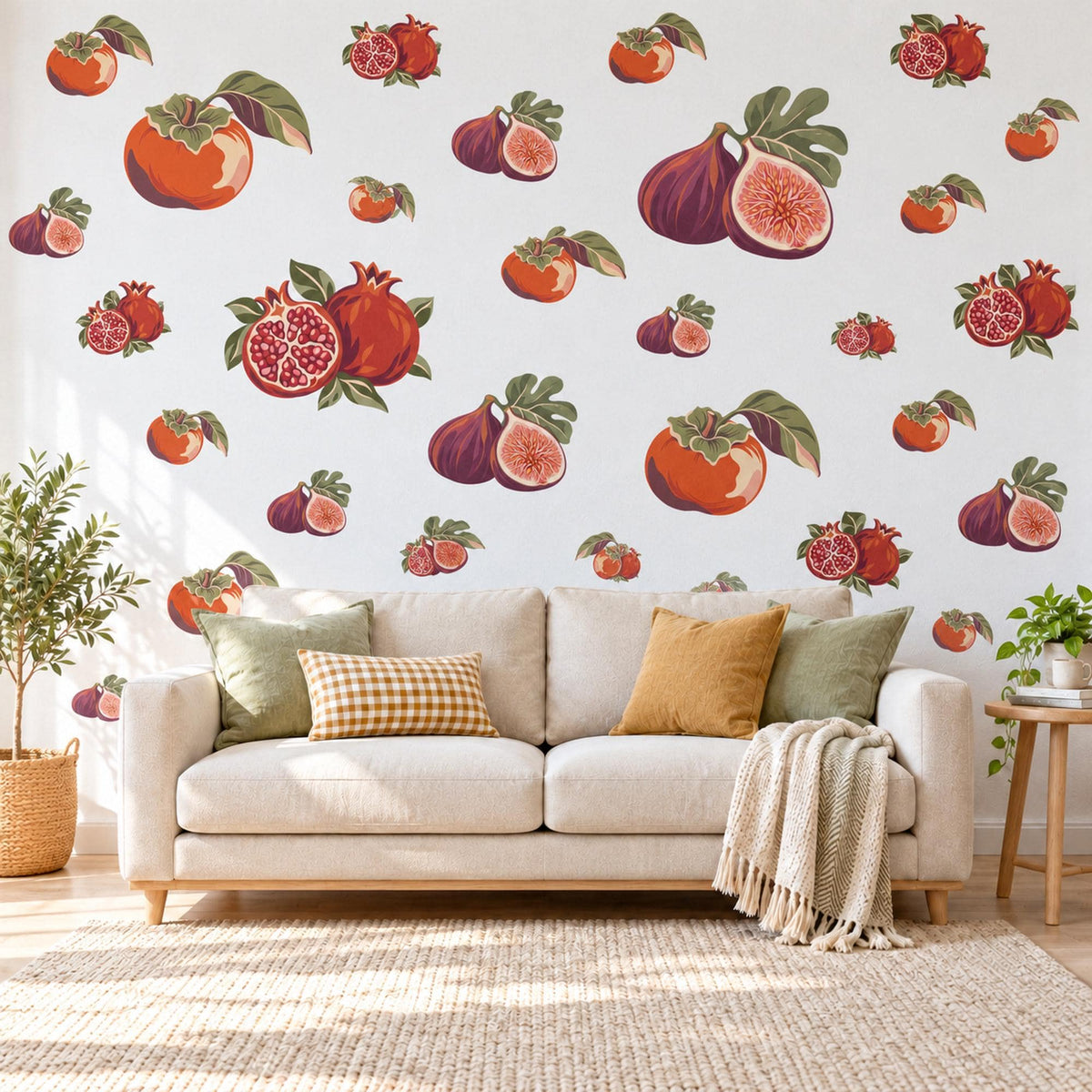 Fruit Wall Stickers, Fig Pomegranate Persimmon Kitchen Decor, Vintage Orchard Fruit Wall Decals, Burgundy Orange Peel and Stick Wall Art