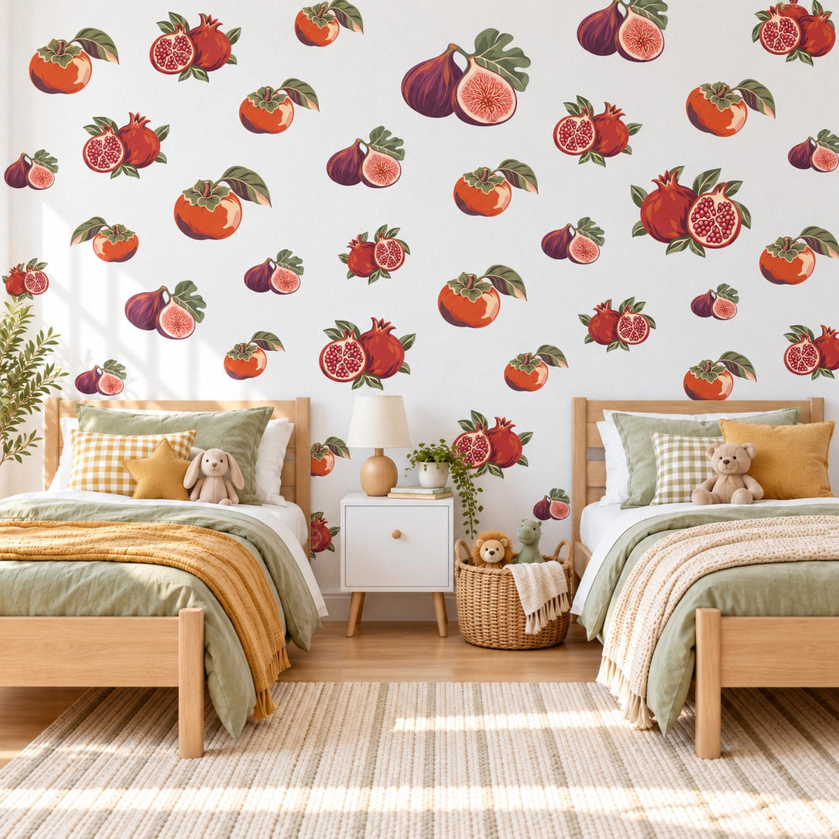 Fruit Wall Stickers, Fig Pomegranate Persimmon Kitchen Decor, Vintage Orchard Fruit Wall Decals, Burgundy Orange Peel and Stick Wall Art