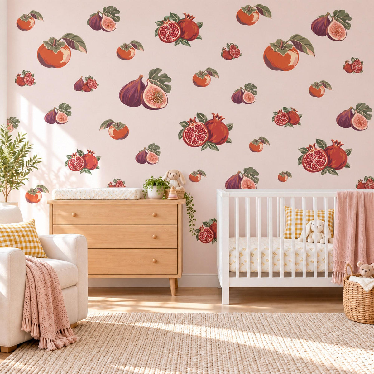 Fruit Wall Stickers, Fig Pomegranate Persimmon Kitchen Decor, Vintage Orchard Fruit Wall Decals, Burgundy Orange Peel and Stick Wall Art