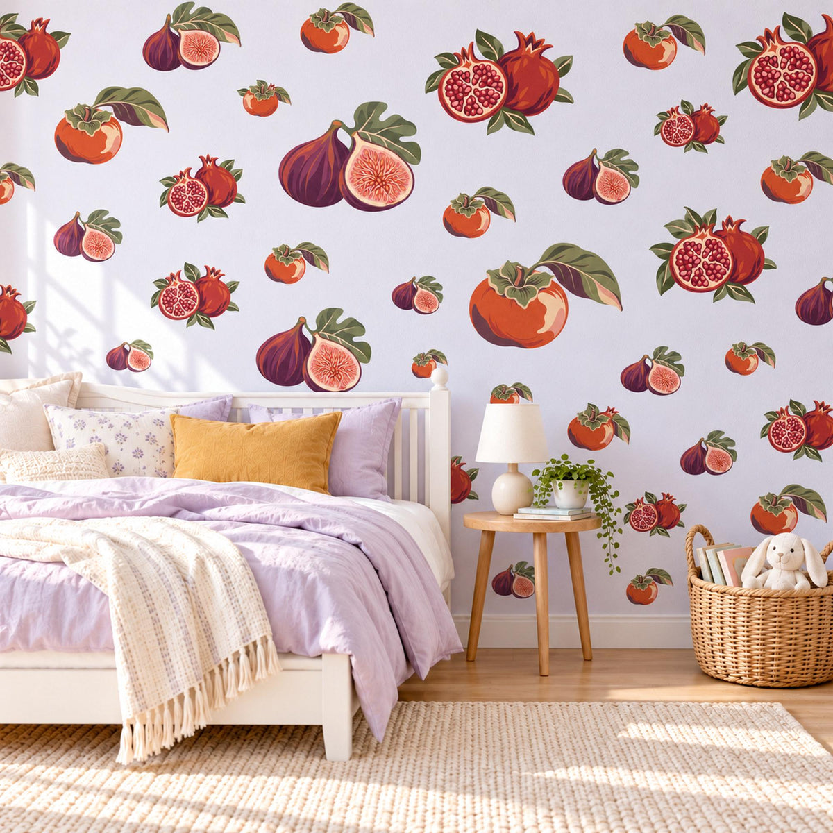Fruit Wall Stickers, Fig Pomegranate Persimmon Kitchen Decor, Vintage Orchard Fruit Wall Decals, Burgundy Orange Peel and Stick Wall Art