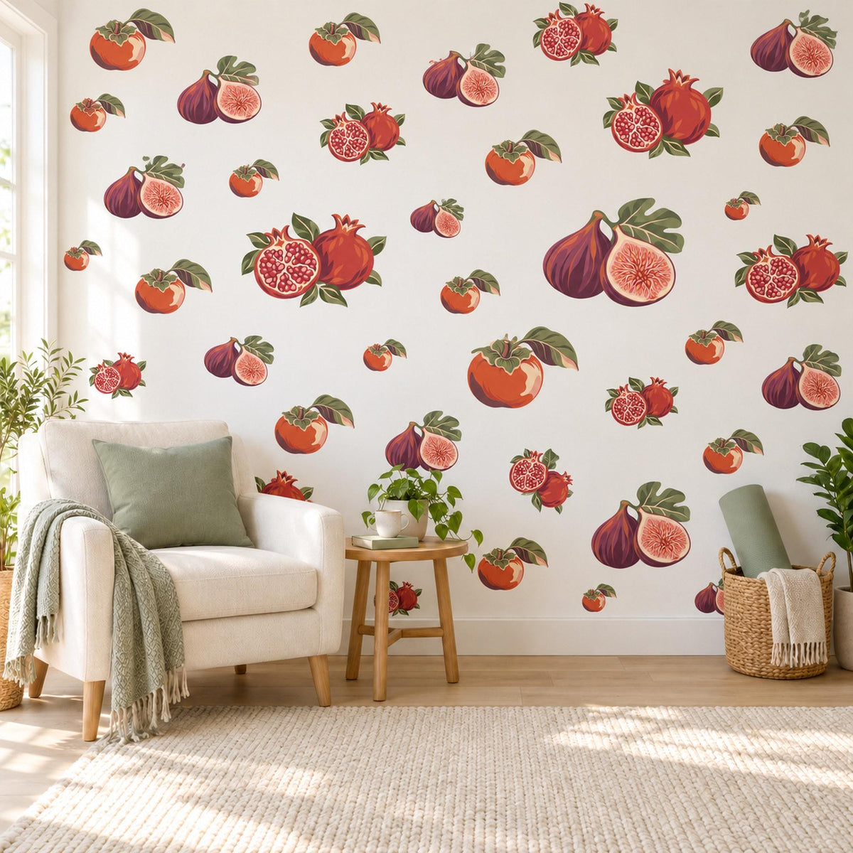 Fruit Wall Stickers, Fig Pomegranate Persimmon Kitchen Decor, Vintage Orchard Fruit Wall Decals, Burgundy Orange Peel and Stick Wall Art