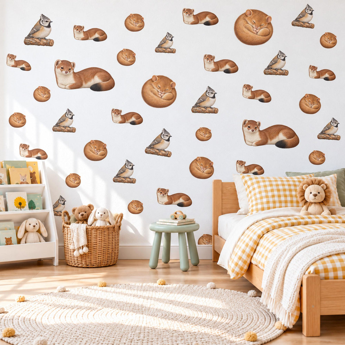 Woodland Animal Wall Stickers, Stoat Dormouse Bird Nursery Decor, Forest Animal Wall Decals, Neutral Kids Room Peel and Stick Wall Art