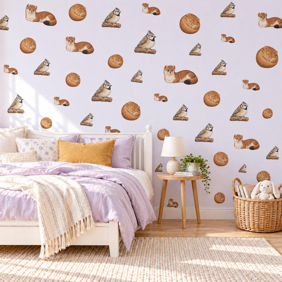 Woodland Animal Wall Stickers, Stoat Dormouse Bird Nursery Decor, Forest Animal Wall Decals, Neutral Kids Room Peel and Stick Wall Art