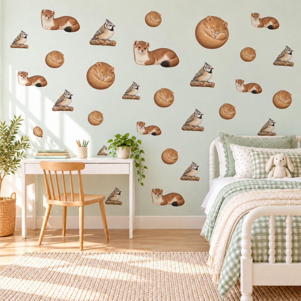 Woodland Animal Wall Stickers, Stoat Dormouse Bird Nursery Decor, Forest Animal Wall Decals, Neutral Kids Room Peel and Stick Wall Art
