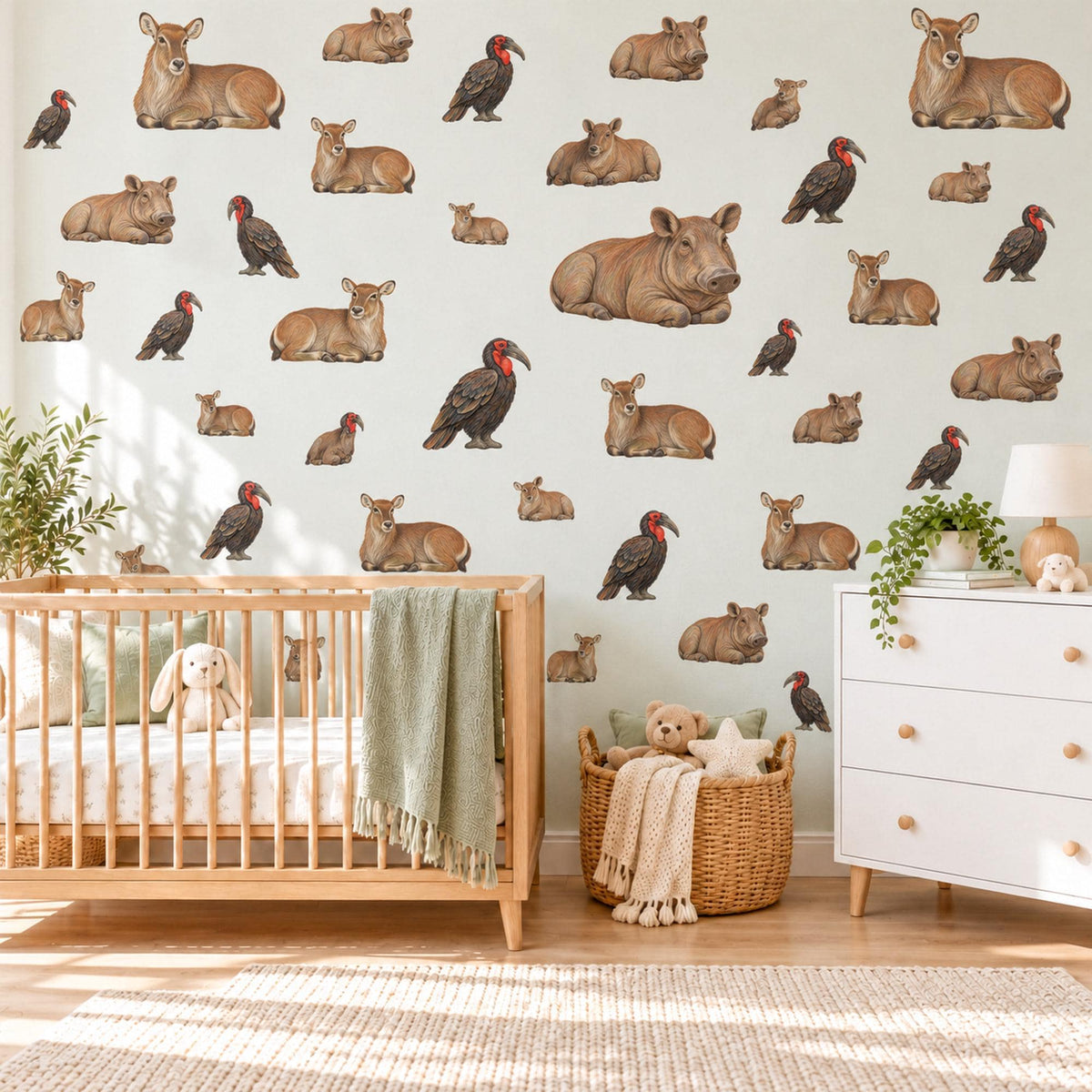 Safari Animal Wall Stickers, Rhino Antelope Hornbill Nursery Decor, African Savanna Wall Decals, Neutral Kids Room Peel and Stick Wall Art