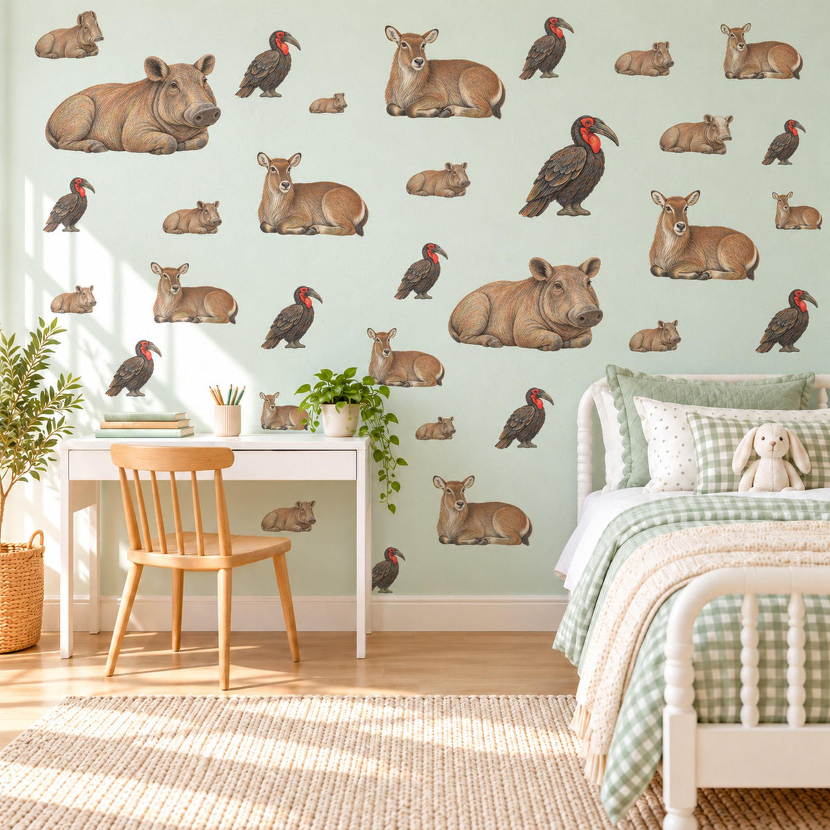 Safari Animal Wall Stickers, Rhino Antelope Hornbill Nursery Decor, African Savanna Wall Decals, Neutral Kids Room Peel and Stick Wall Art