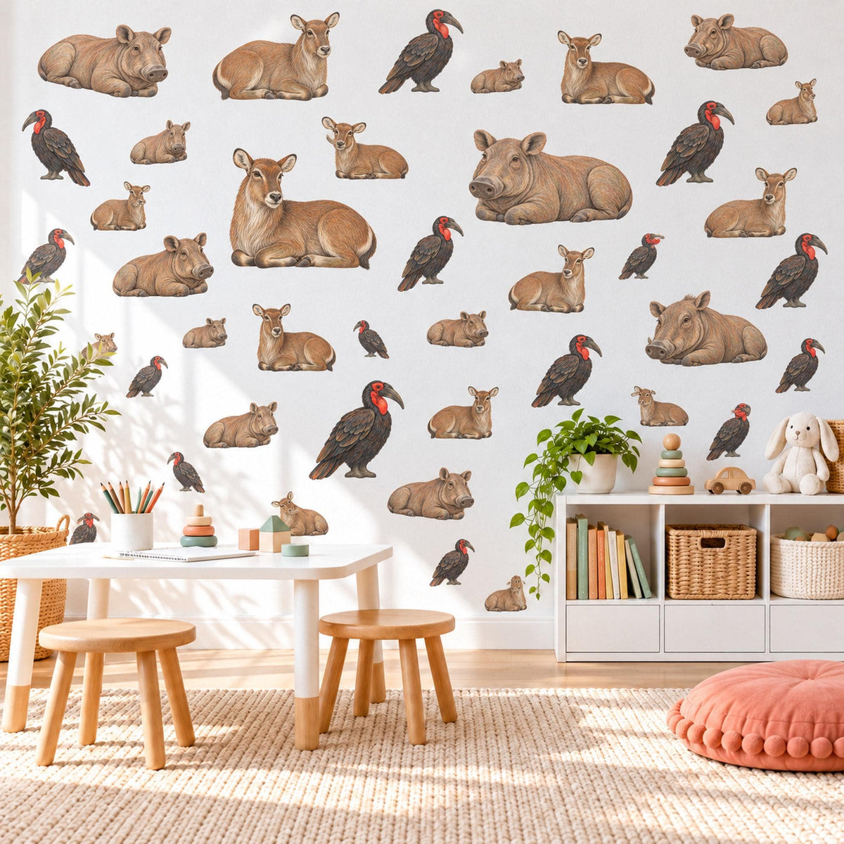 Safari Animal Wall Stickers, Rhino Antelope Hornbill Nursery Decor, African Savanna Wall Decals, Neutral Kids Room Peel and Stick Wall Art