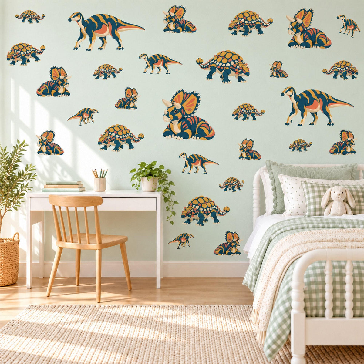Dinosaur Wall Stickers, Navy Orange Triceratops Decor, Bold Graphic Dino Wall Decals, Boys Kids Room Nursery Peel and Stick Wall Art