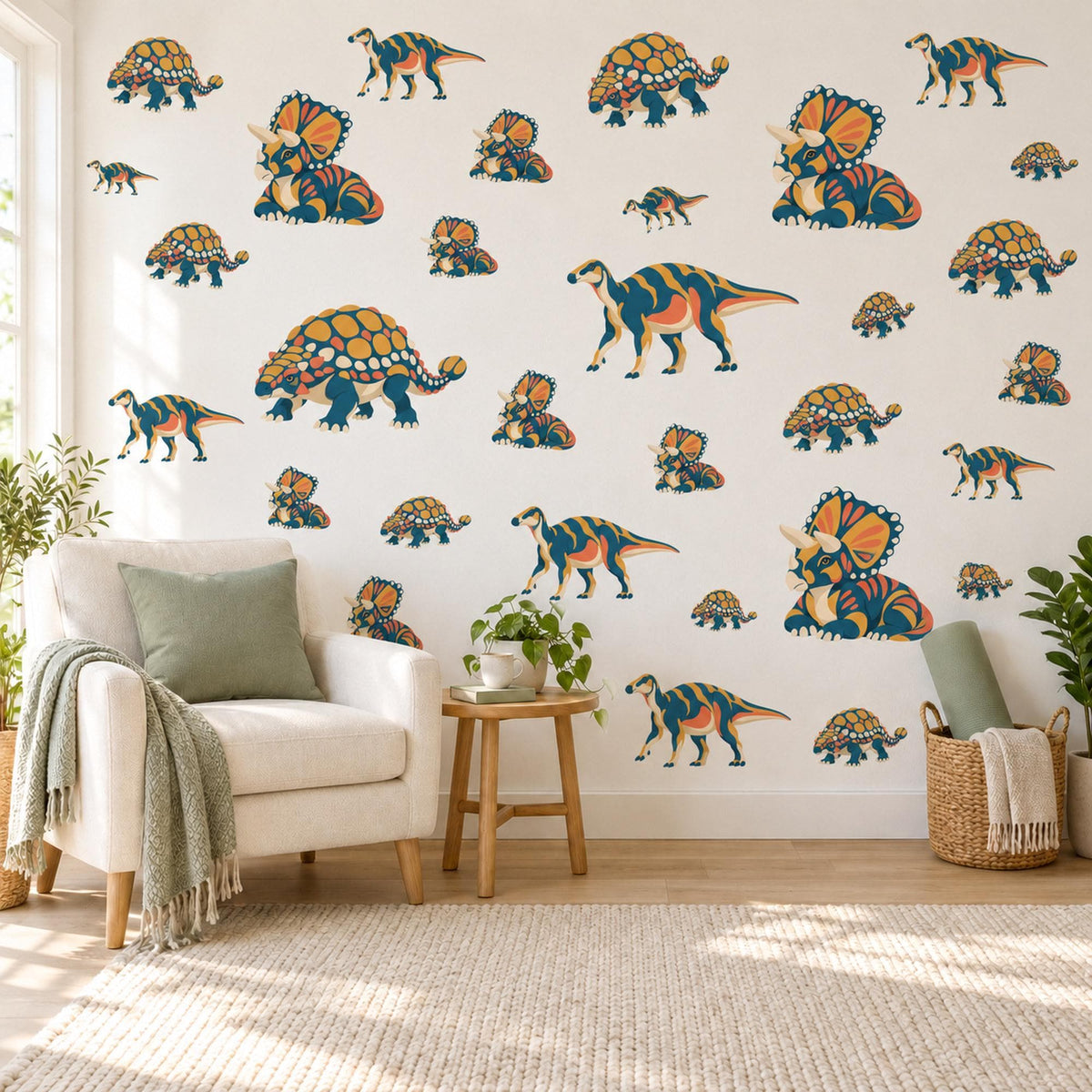 Dinosaur Wall Stickers, Navy Orange Triceratops Decor, Bold Graphic Dino Wall Decals, Boys Kids Room Nursery Peel and Stick Wall Art