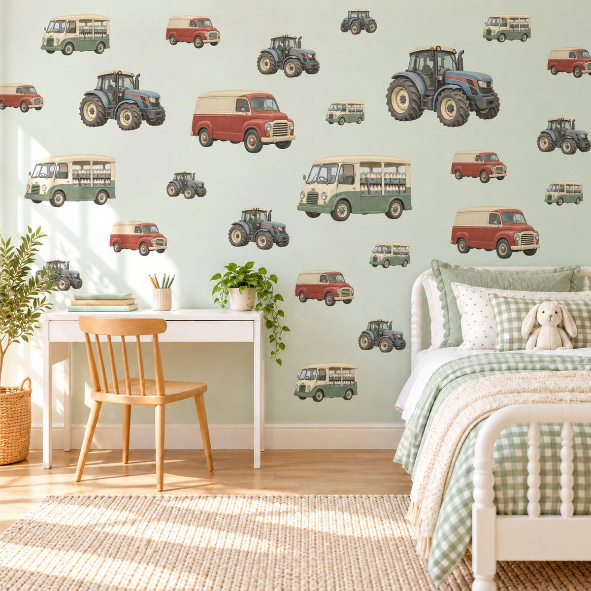 Tractor Wall Stickers, Vintage Van Bus Vehicle Decor, Farm Tractor Wall Decals, Boys Kids Room Nursery Red Green Peel and Stick Wall Art