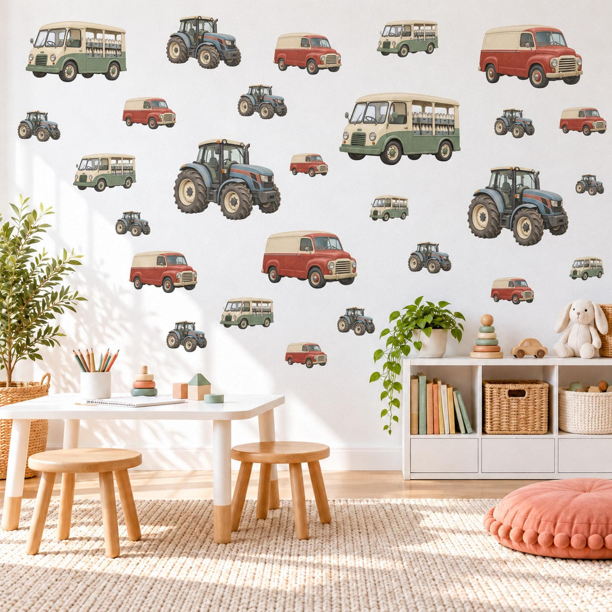Tractor Wall Stickers, Vintage Van Bus Vehicle Decor, Farm Tractor Wall Decals, Boys Kids Room Nursery Red Green Peel and Stick Wall Art