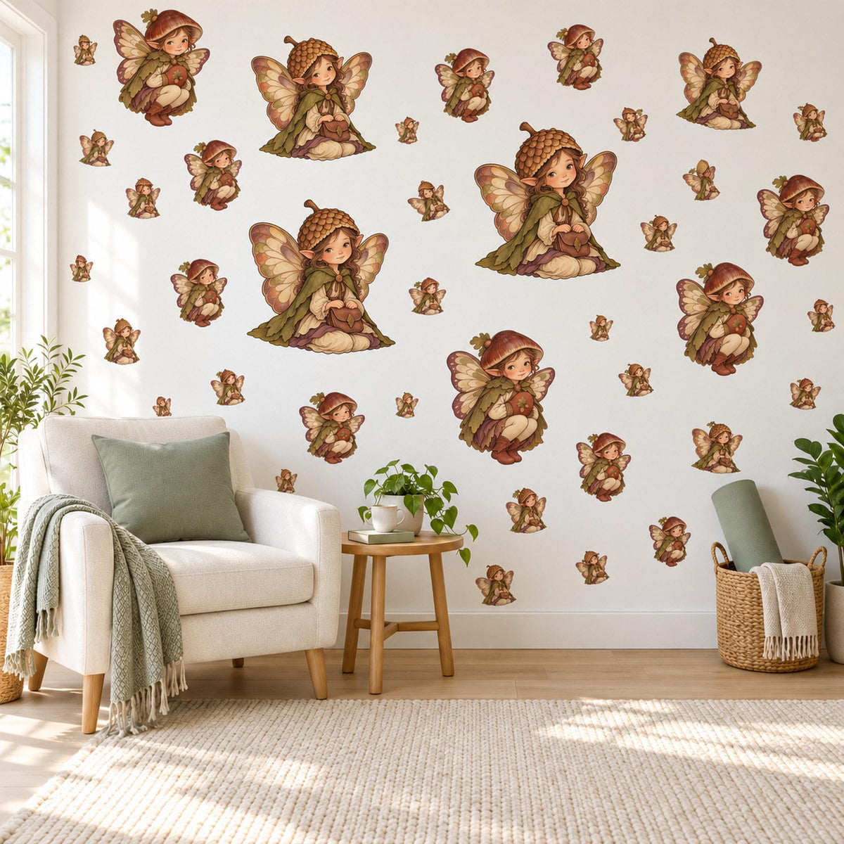 Fairy Wall Stickers, Acorn Woodland Fairy Nursery Decor, Vintage Forest Pixie Wall Decals, Girls Kids Room Autumn Peel and Stick Wall Art
