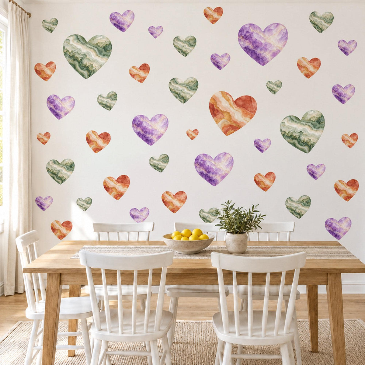 Heart Wall Stickers, Crystal Agate Amethyst Heart Decor, Watercolour Gemstone Wall Decals, Girls Room Green Purple Peel and Stick Wall Art