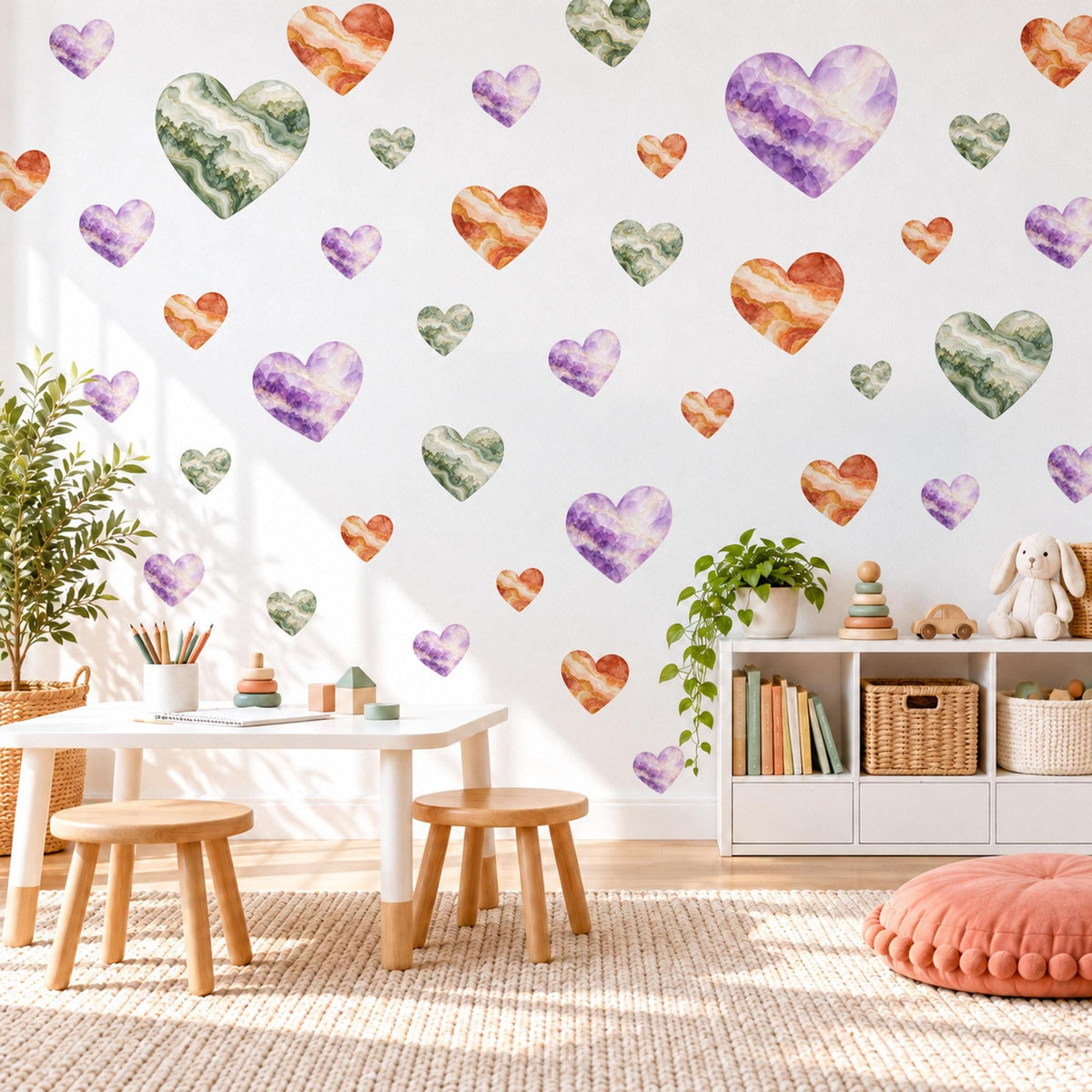 Heart Wall Stickers, Crystal Agate Amethyst Heart Decor, Watercolour Gemstone Wall Decals, Girls Room Green Purple Peel and Stick Wall Art