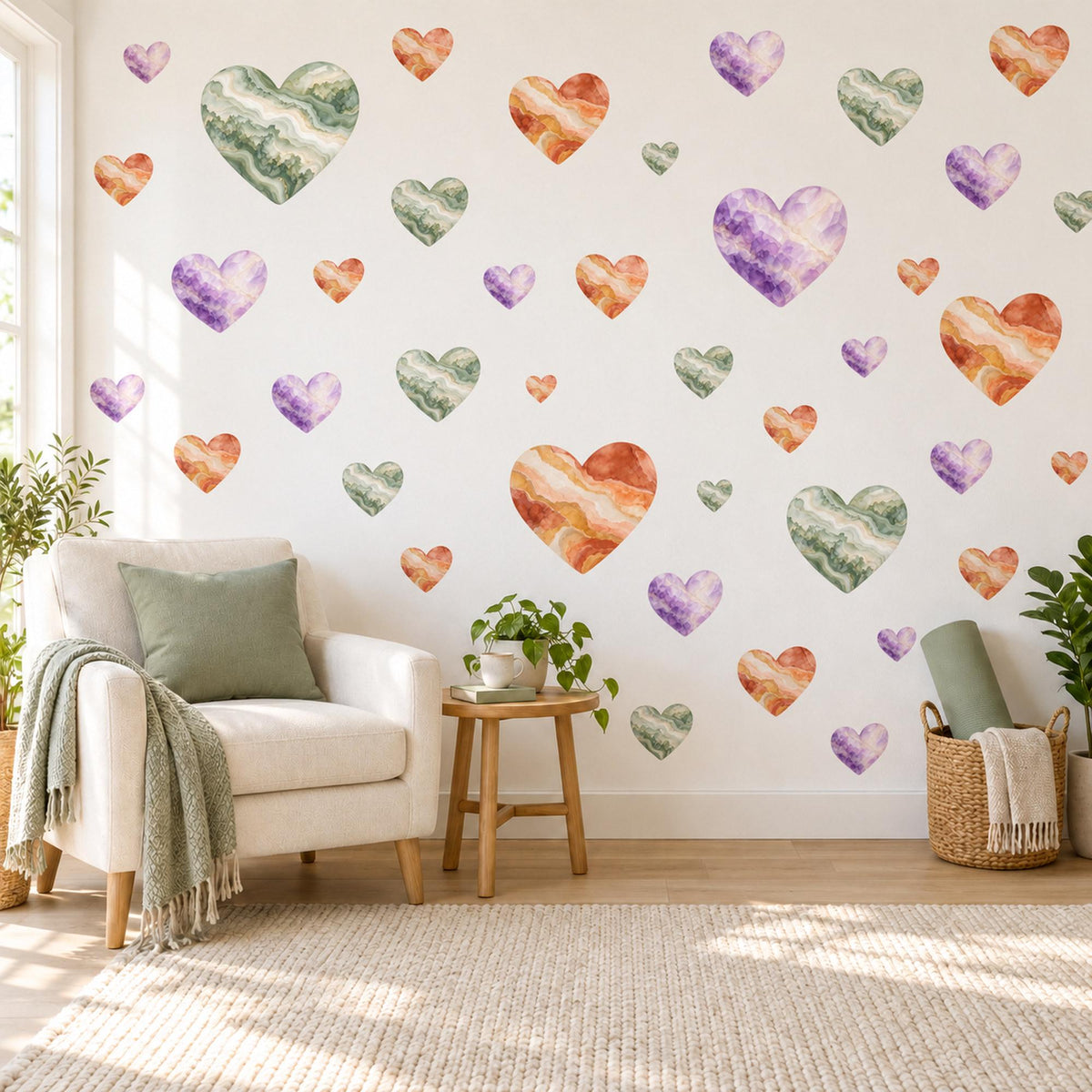 Heart Wall Stickers, Crystal Agate Amethyst Heart Decor, Watercolour Gemstone Wall Decals, Girls Room Green Purple Peel and Stick Wall Art