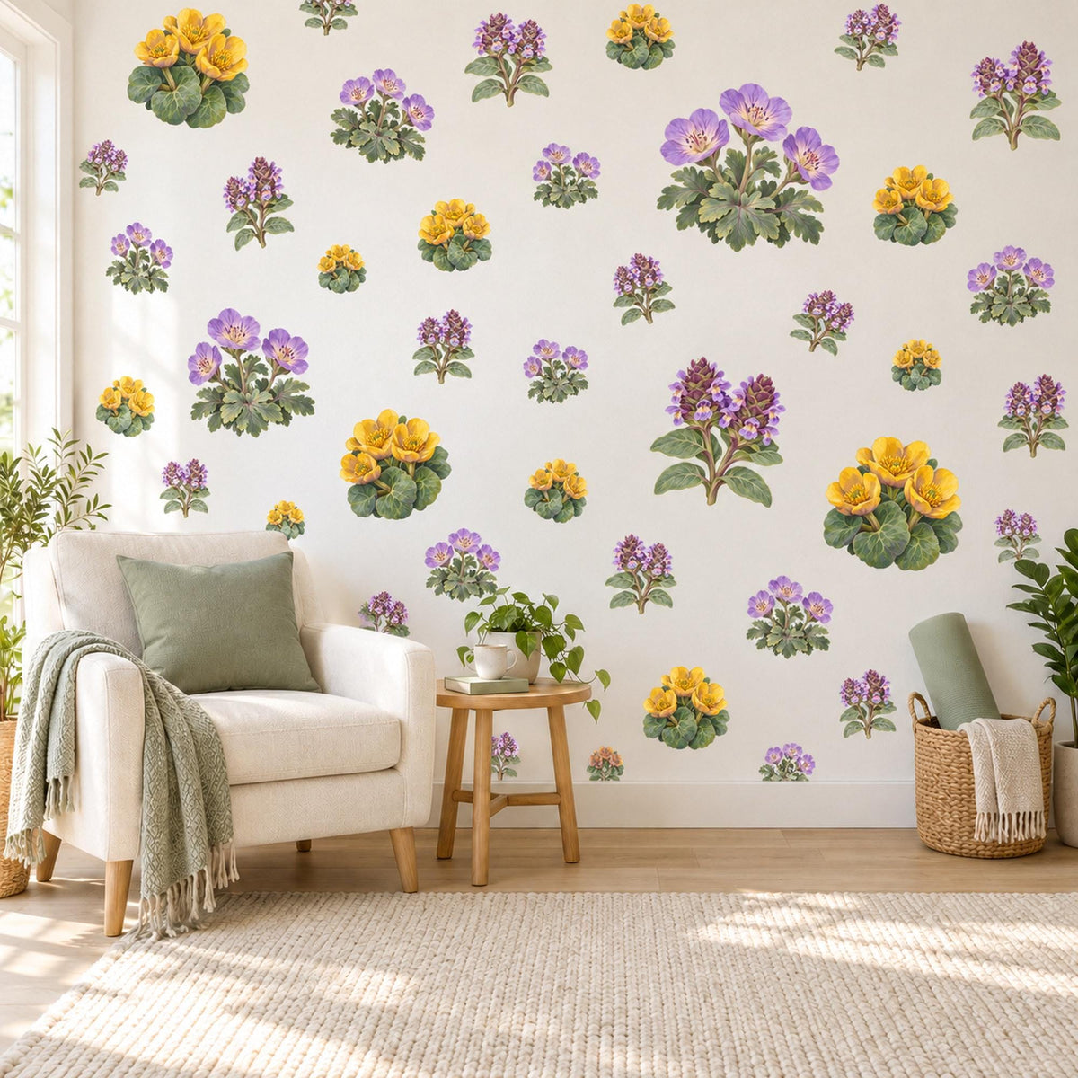 Wildflower Wall Stickers, Yellow Purple Meadow Flower Decor, Marigold Geranium Wall Decals, Nursery Kitchen Peel and Stick Wall Art