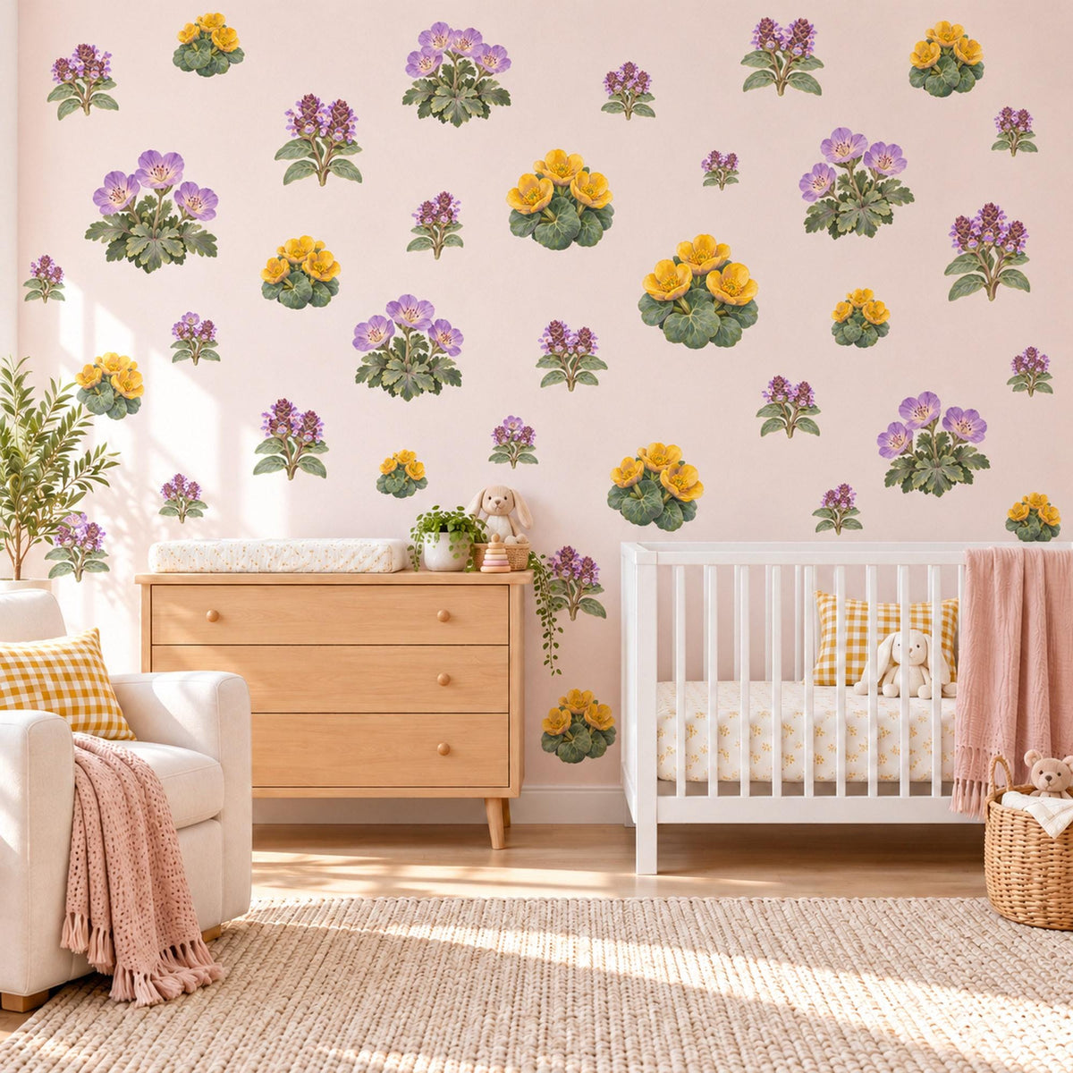 Wildflower Wall Stickers, Yellow Purple Meadow Flower Decor, Marigold Geranium Wall Decals, Nursery Kitchen Peel and Stick Wall Art