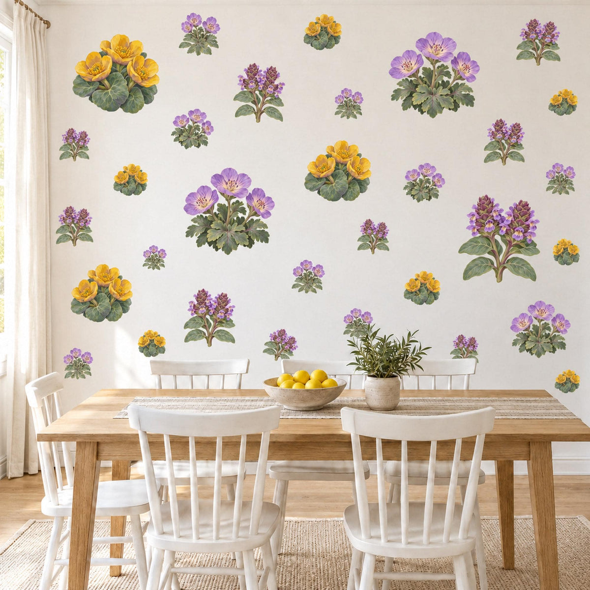 Wildflower Wall Stickers, Yellow Purple Meadow Flower Decor, Marigold Geranium Wall Decals, Nursery Kitchen Peel and Stick Wall Art