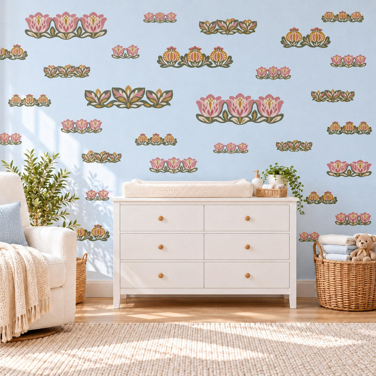 Floral Border Wall Stickers, Pink Tulip Folk Flower Decor, Scandi Floral Garland Wall Decals, Girls Nursery Boho Peel and Stick Wall Art