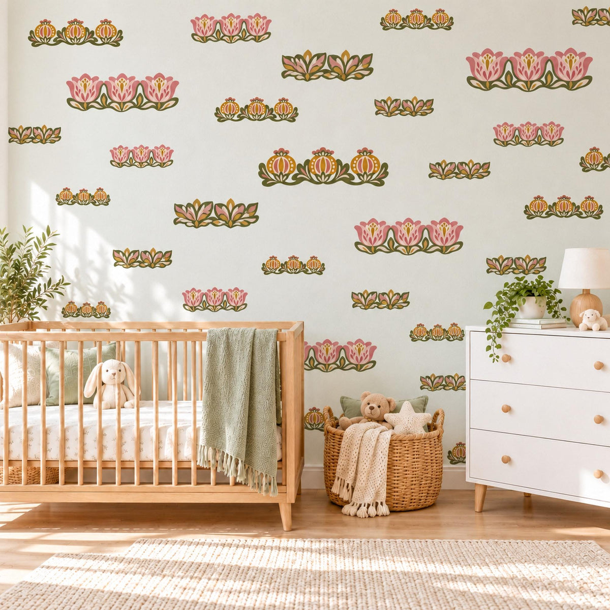 Floral Border Wall Stickers, Pink Tulip Folk Flower Decor, Scandi Floral Garland Wall Decals, Girls Nursery Boho Peel and Stick Wall Art