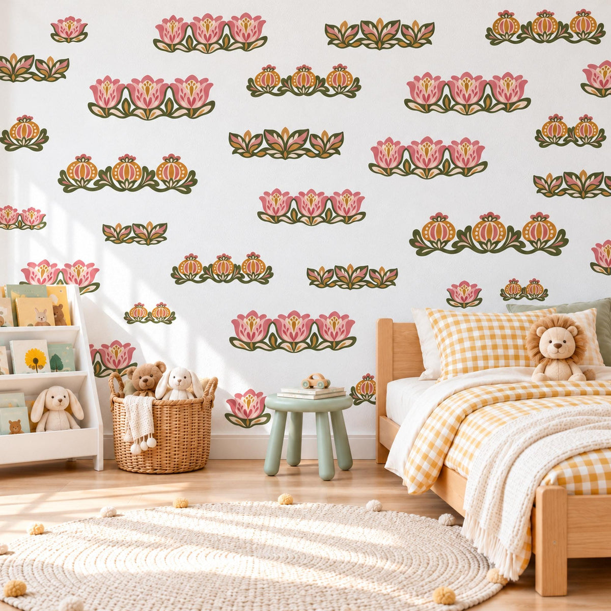 Floral Border Wall Stickers, Pink Tulip Folk Flower Decor, Scandi Floral Garland Wall Decals, Girls Nursery Boho Peel and Stick Wall Art