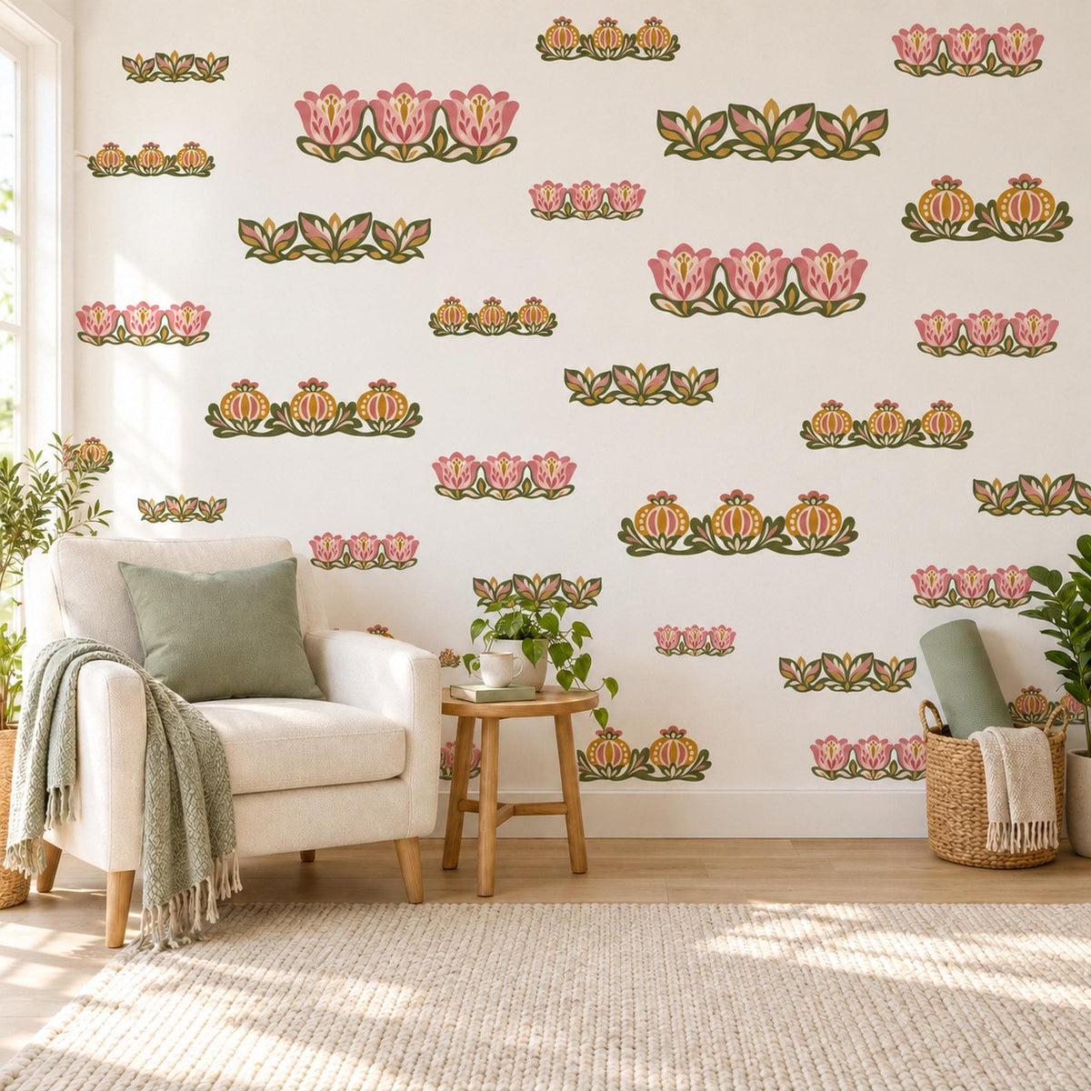 Floral Border Wall Stickers, Pink Tulip Folk Flower Decor, Scandi Floral Garland Wall Decals, Girls Nursery Boho Peel and Stick Wall Art