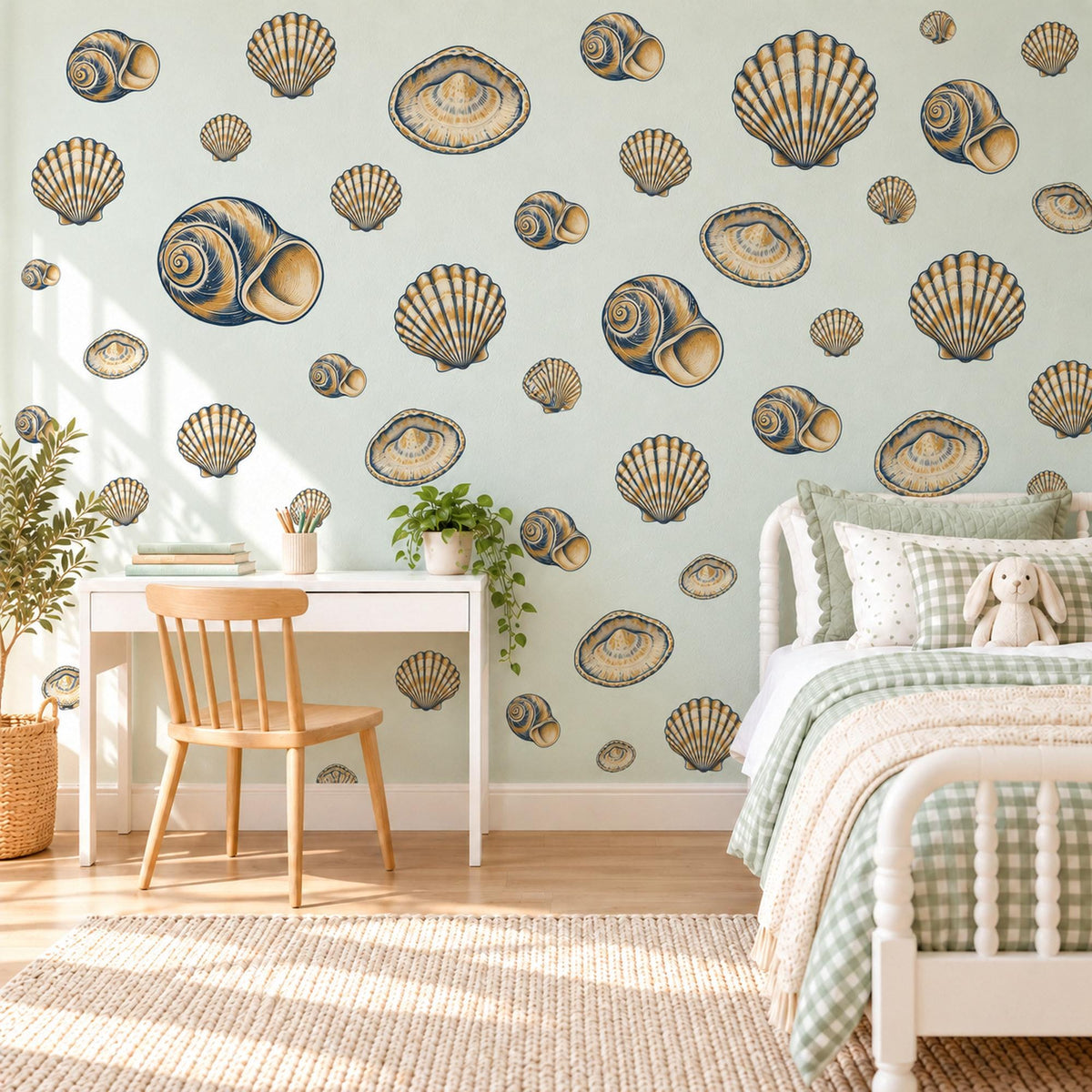Seashell Wall Stickers, Navy Gold Shell Decor, Vintage Scallop Shell Wall Decals, Coastal Nautical Bathroom Kids Peel and Stick Wall Art