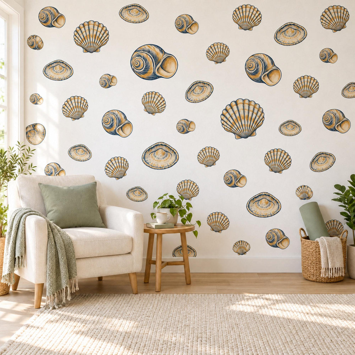 Seashell Wall Stickers, Navy Gold Shell Decor, Vintage Scallop Shell Wall Decals, Coastal Nautical Bathroom Kids Peel and Stick Wall Art