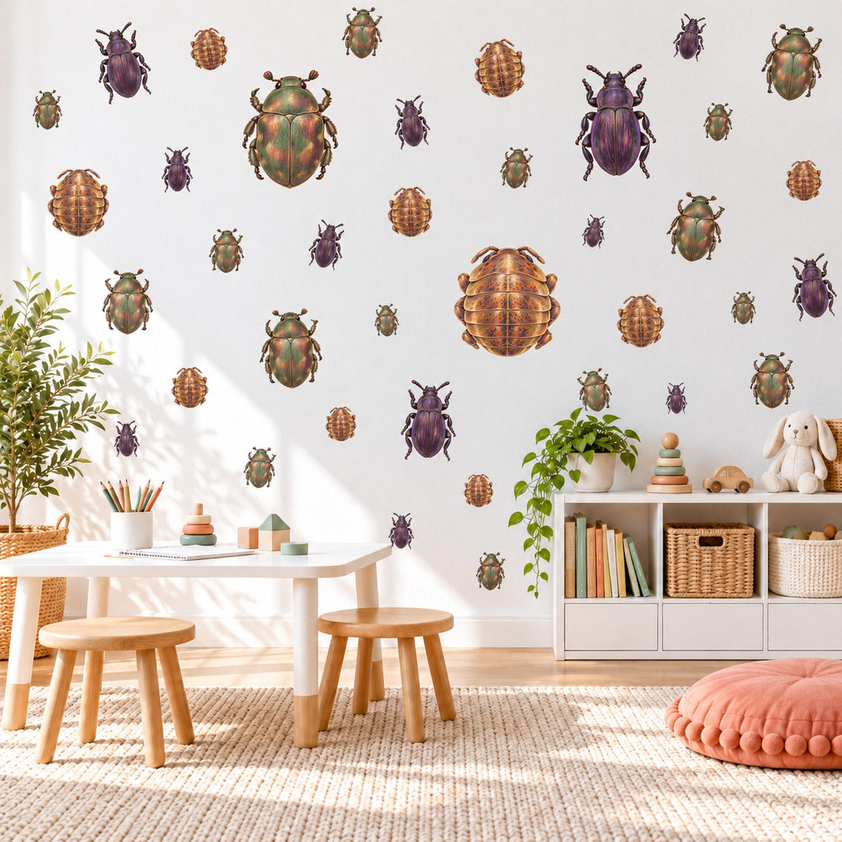 Beetle Wall Stickers, Green Purple Bug Insect Decor, Vintage Beetle Wall Decals, Boys Kids Room Nature Explorer Peel and Stick Wall Art
