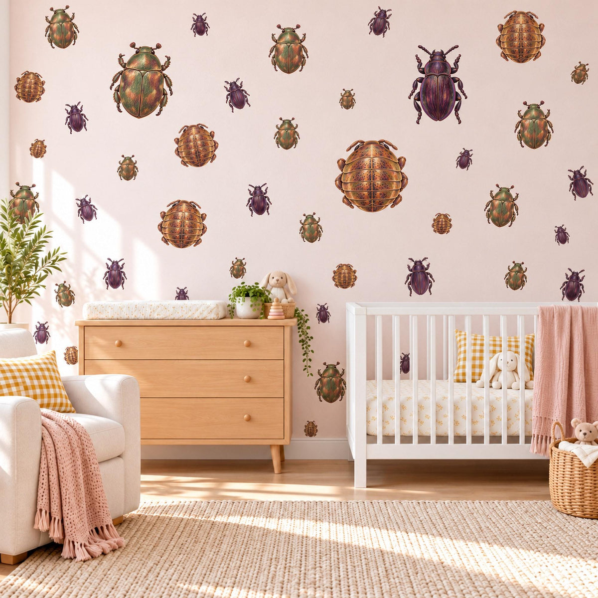 Beetle Wall Stickers, Green Purple Bug Insect Decor, Vintage Beetle Wall Decals, Boys Kids Room Nature Explorer Peel and Stick Wall Art