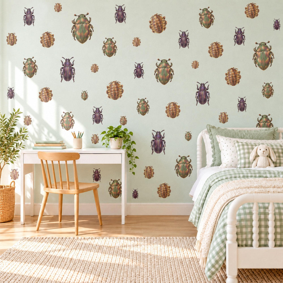 Beetle Wall Stickers, Green Purple Bug Insect Decor, Vintage Beetle Wall Decals, Boys Kids Room Nature Explorer Peel and Stick Wall Art
