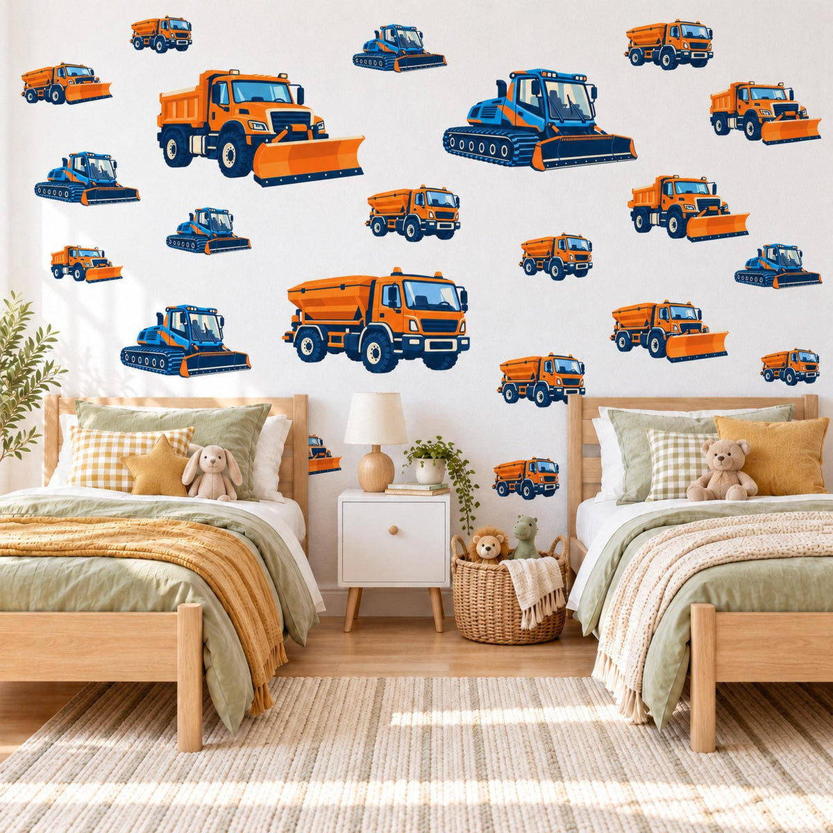 Snow Plough Wall Stickers, Orange Navy Truck Vehicle Decor, Winter Construction Wall Decals, Boys Kids Room Peel and Stick Wall Art