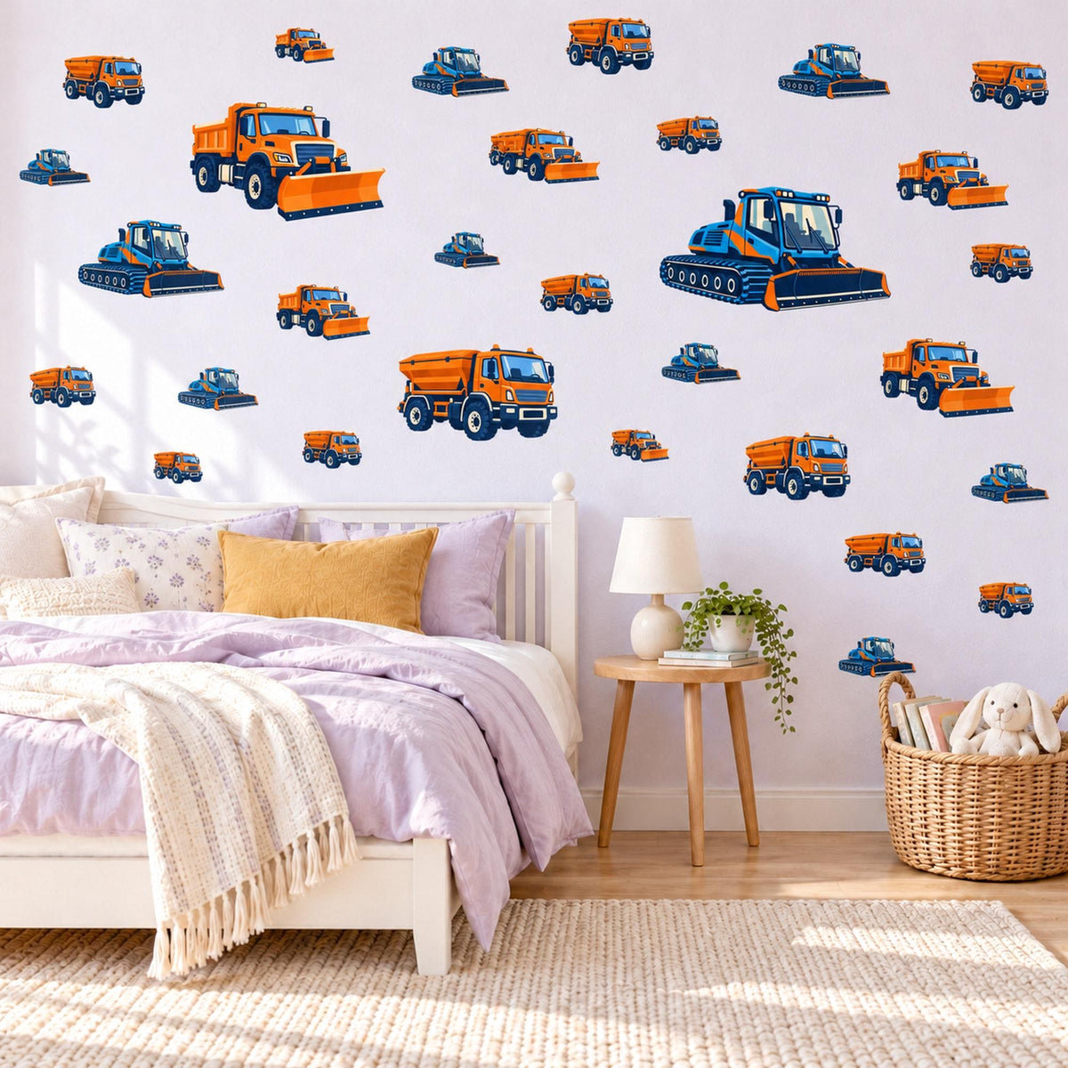 Snow Plough Wall Stickers, Orange Navy Truck Vehicle Decor, Winter Construction Wall Decals, Boys Kids Room Peel and Stick Wall Art