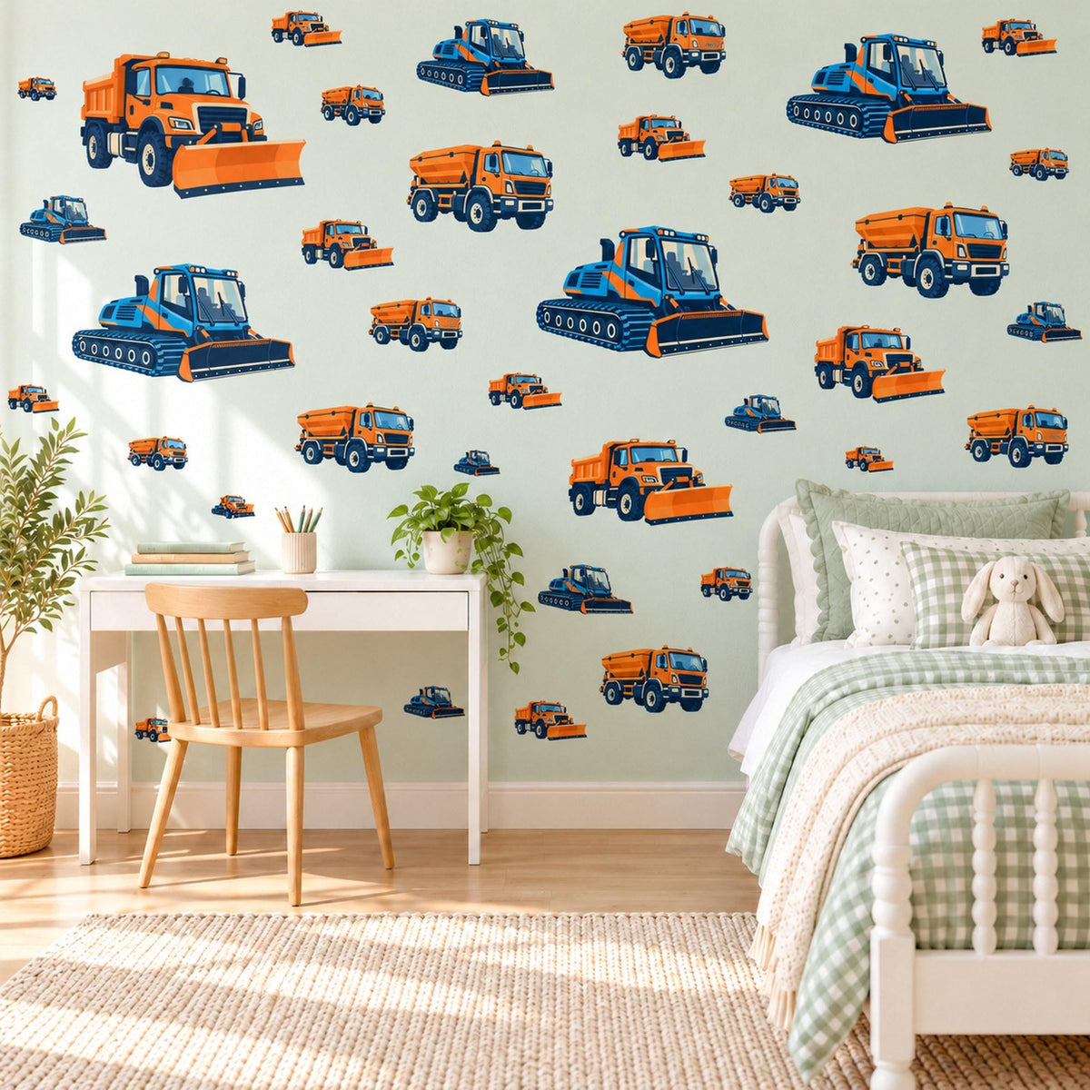 Snow Plough Wall Stickers, Orange Navy Truck Vehicle Decor, Winter Construction Wall Decals, Boys Kids Room Peel and Stick Wall Art