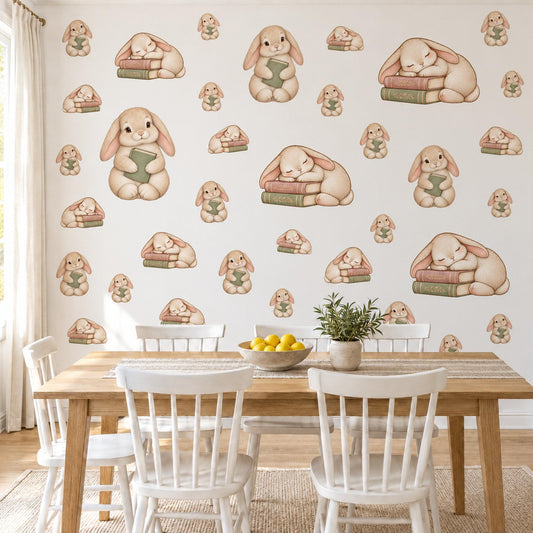 Bunny Wall Stickers, Blush Sage Rabbit Nursery Decor, Bedtime Story Bunny Book Wall Decals, Neutral Baby Room Peel and Stick Wall Art