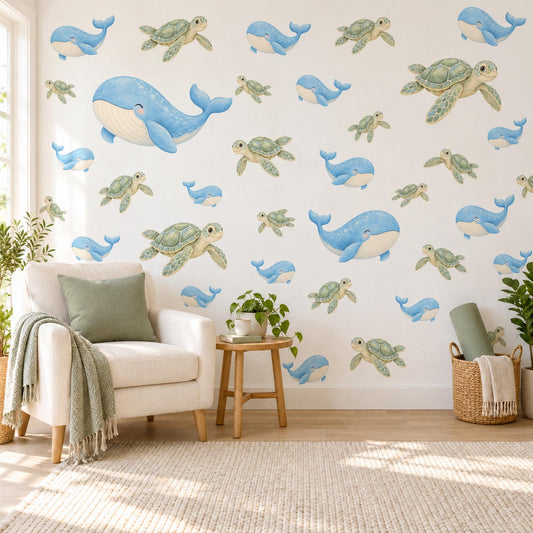 Whale Wall Stickers, Blue Whale Sea Turtle Nursery Decor, Ocean Animal Wall Decals, Under the Sea Kids Room Peel and Stick Wall Art