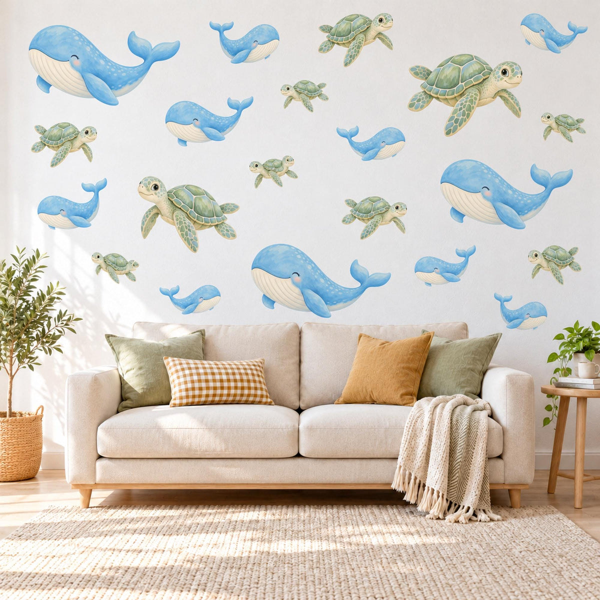 Whale Wall Stickers, Blue Whale Sea Turtle Nursery Decor, Ocean Animal Wall Decals, Under the Sea Kids Room Peel and Stick Wall Art