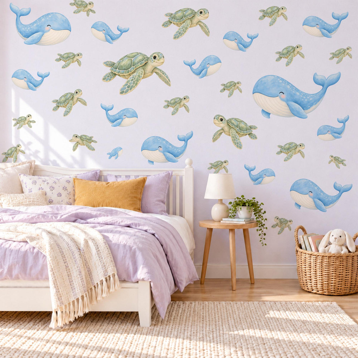 Whale Wall Stickers, Blue Whale Sea Turtle Nursery Decor, Ocean Animal Wall Decals, Under the Sea Kids Room Peel and Stick Wall Art