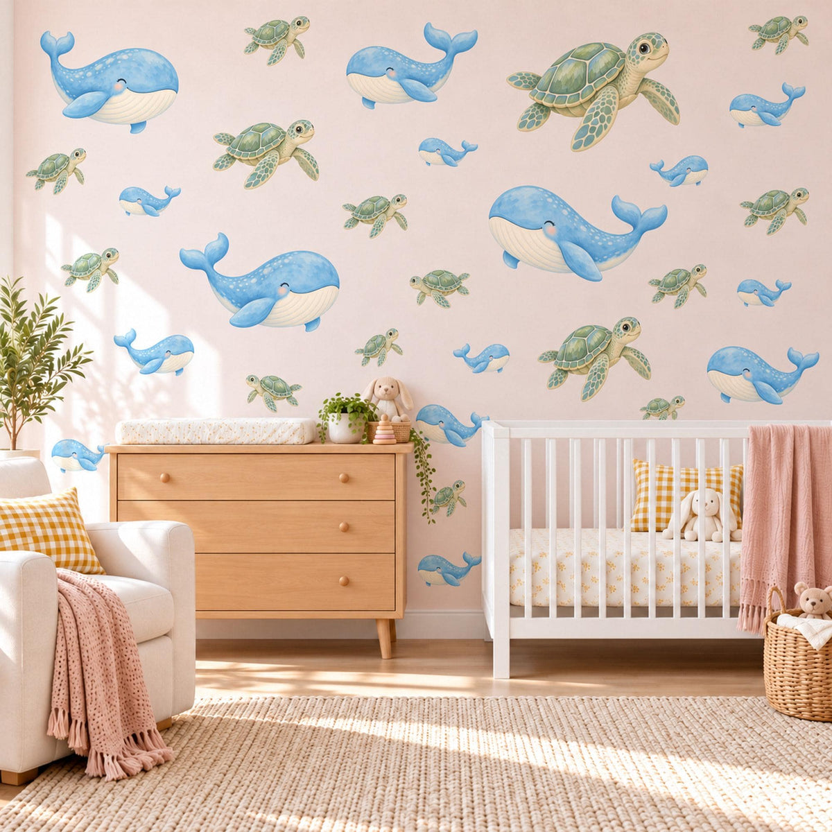 Whale Wall Stickers, Blue Whale Sea Turtle Nursery Decor, Ocean Animal Wall Decals, Under the Sea Kids Room Peel and Stick Wall Art