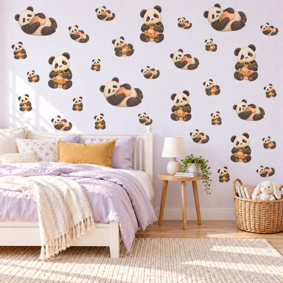 Panda Wall Stickers, Cute Panda Bear Nursery Decor, Picnic Panda Wall Decals, Neutral Kids Room Black White Peel and Stick Wall Art