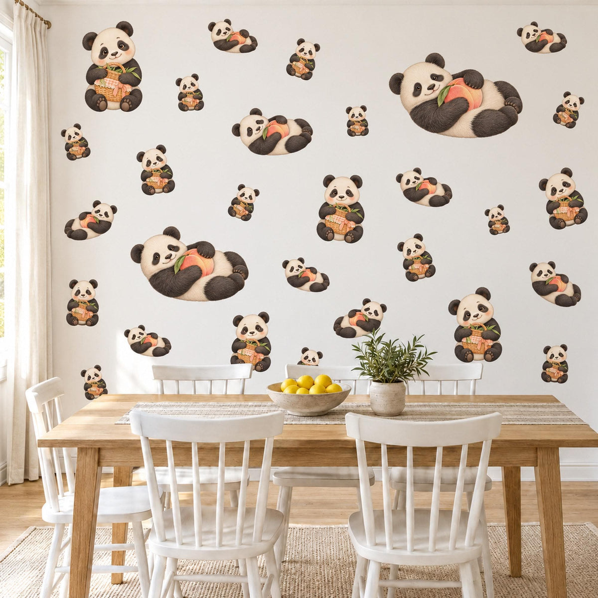 Panda Wall Stickers, Cute Panda Bear Nursery Decor, Picnic Panda Wall Decals, Neutral Kids Room Black White Peel and Stick Wall Art