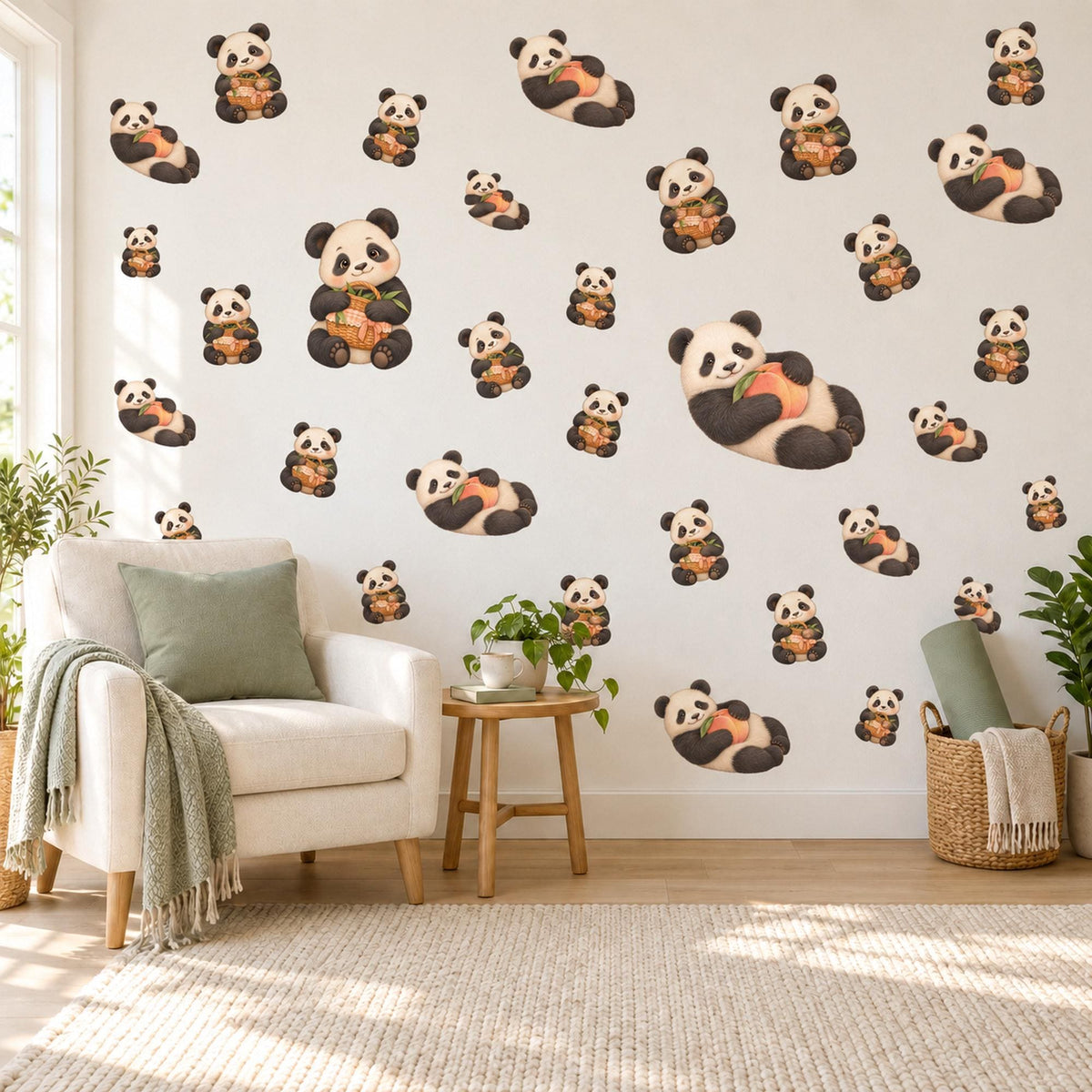 Panda Wall Stickers, Cute Panda Bear Nursery Decor, Picnic Panda Wall Decals, Neutral Kids Room Black White Peel and Stick Wall Art