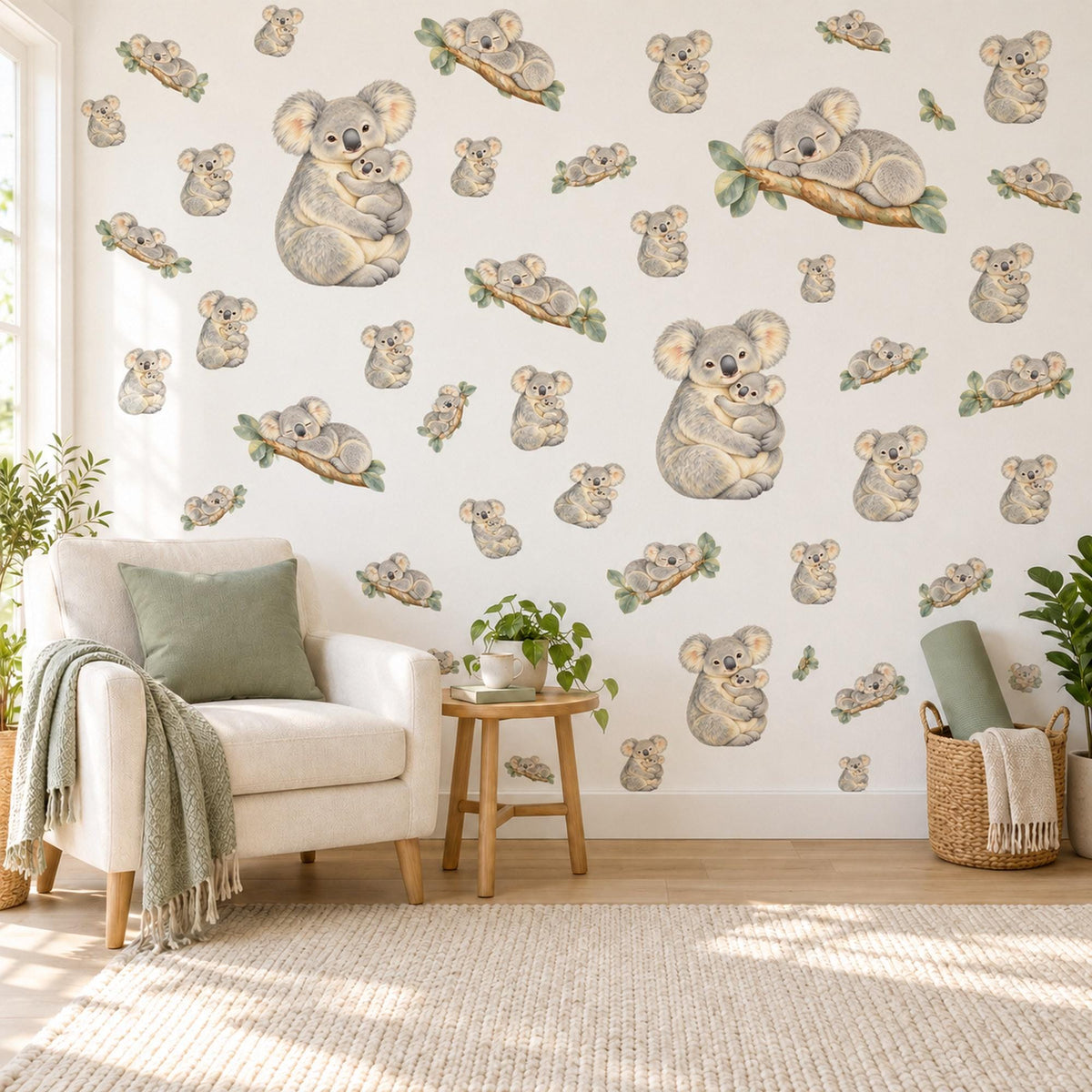 Koala Wall Stickers, Mum and Baby Koala Nursery Decor, Australian Animal Wall Decals, Grey Neutral Kids Room Peel and Stick Wall Art